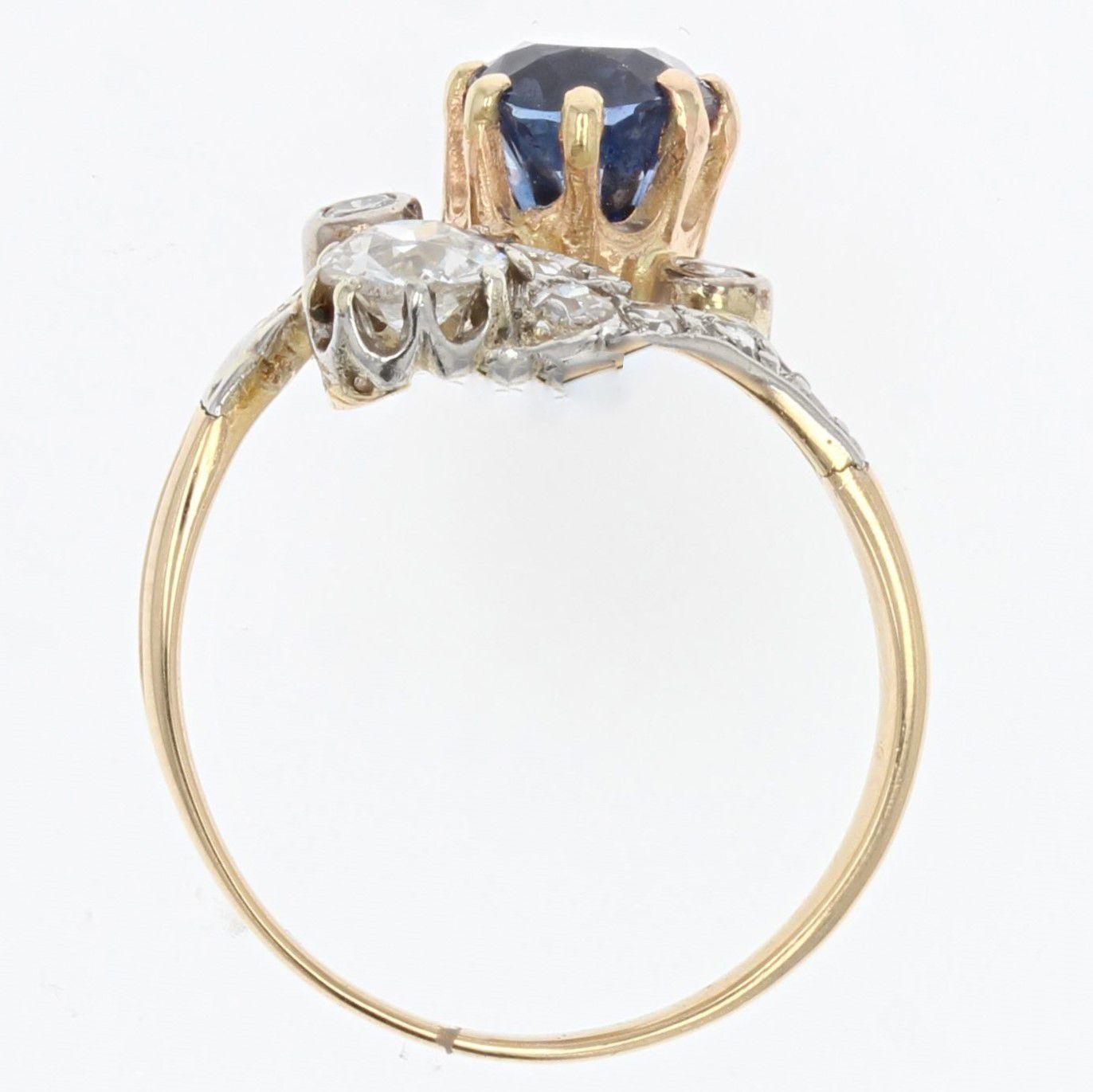 19th Century Sapphire Diamonds 18 Karat Yellow Gold Platinum Duchess Ring For Sale 7
