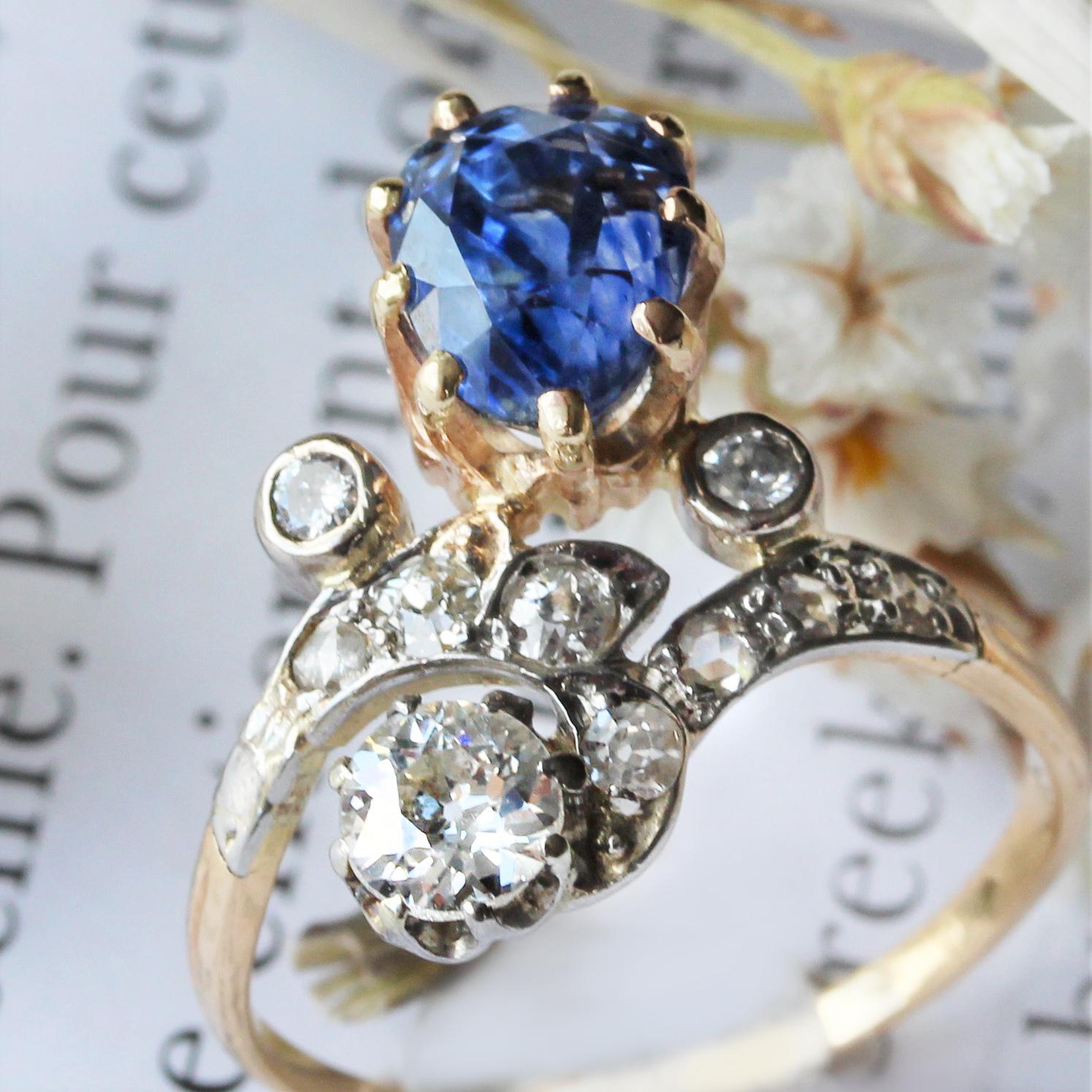 19th Century Sapphire Diamonds 18 Karat Yellow Gold Platinum Duchess Ring For Sale 1