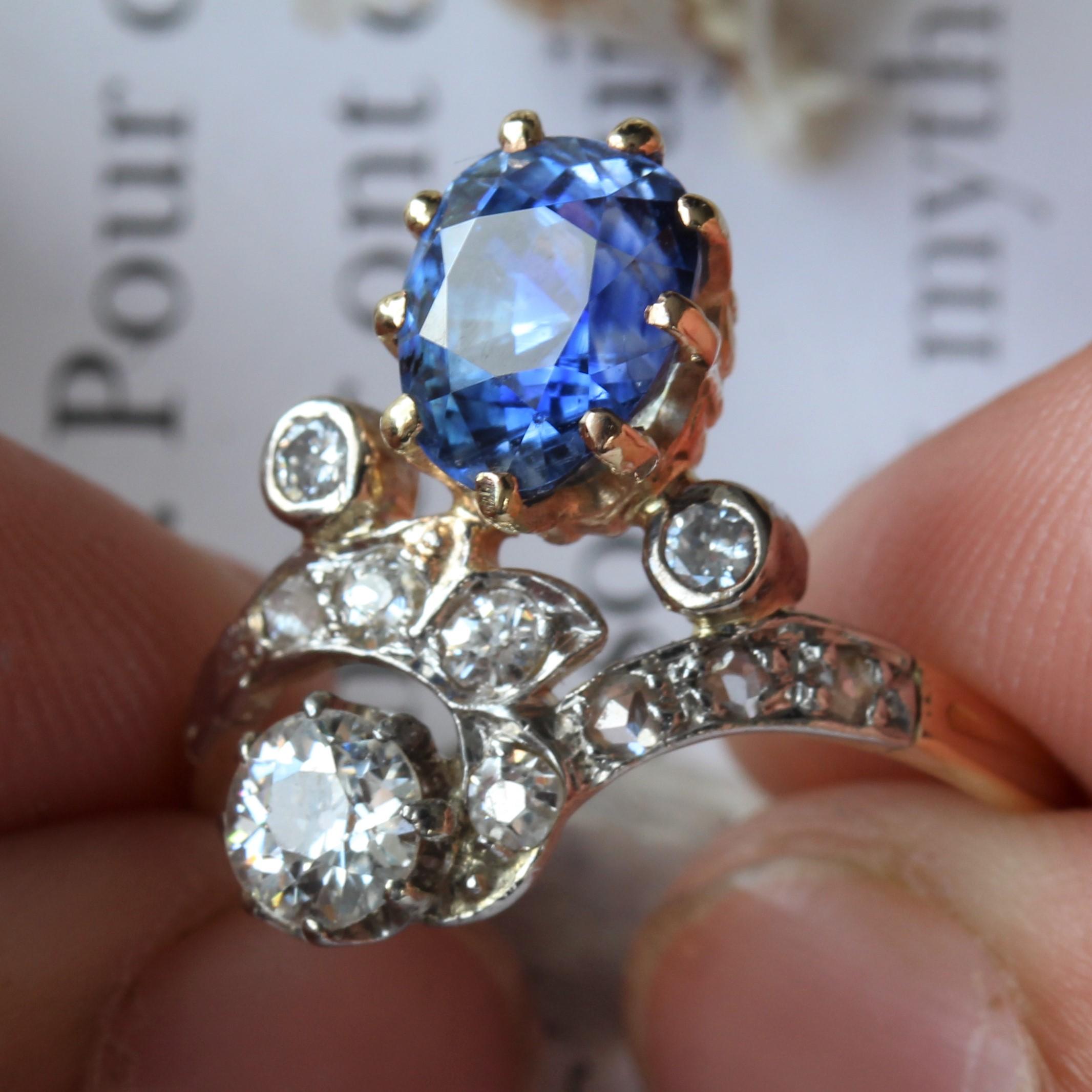 19th Century Sapphire Diamonds 18 Karat Yellow Gold Platinum Duchess Ring For Sale 8