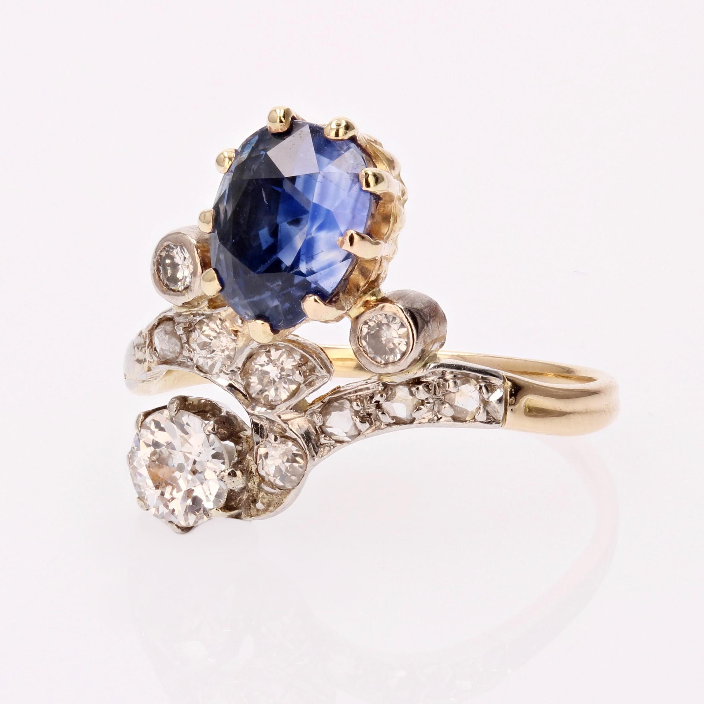 19th Century Sapphire Diamonds 18 Karat Yellow Gold Platinum Duchess Ring In Good Condition For Sale In Poitiers, FR