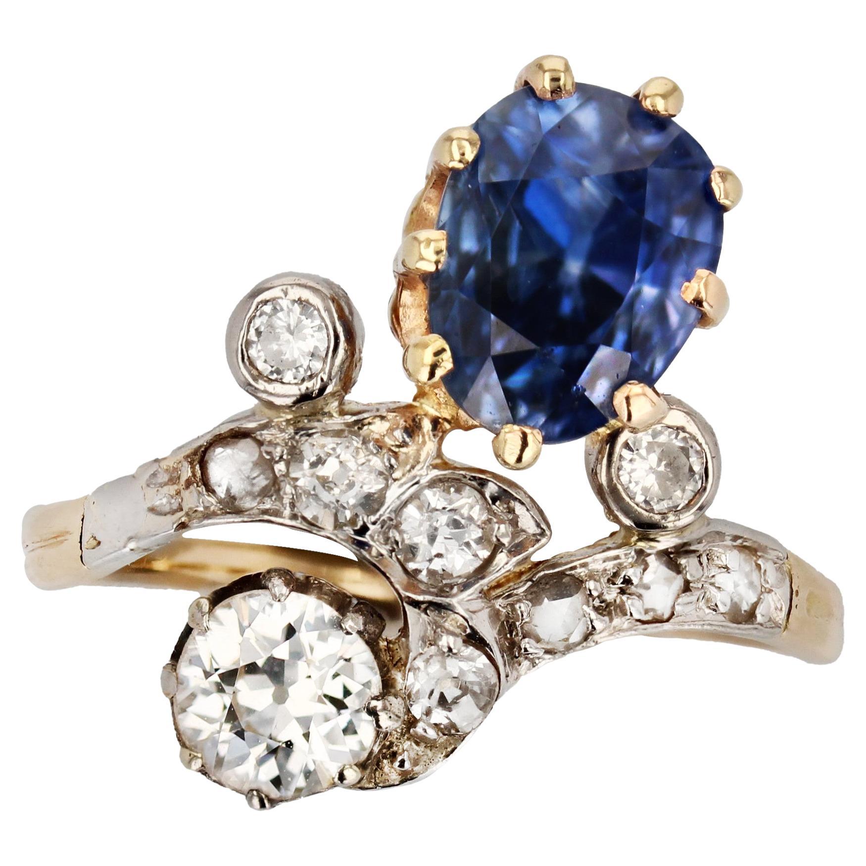 19th Century Sapphire Diamonds 18 Karat Yellow Gold Platinum Duchess Ring For Sale