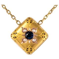 19th Century Sapphire Natural Pearl 18 Karat Yellow Gold Chain Pendant