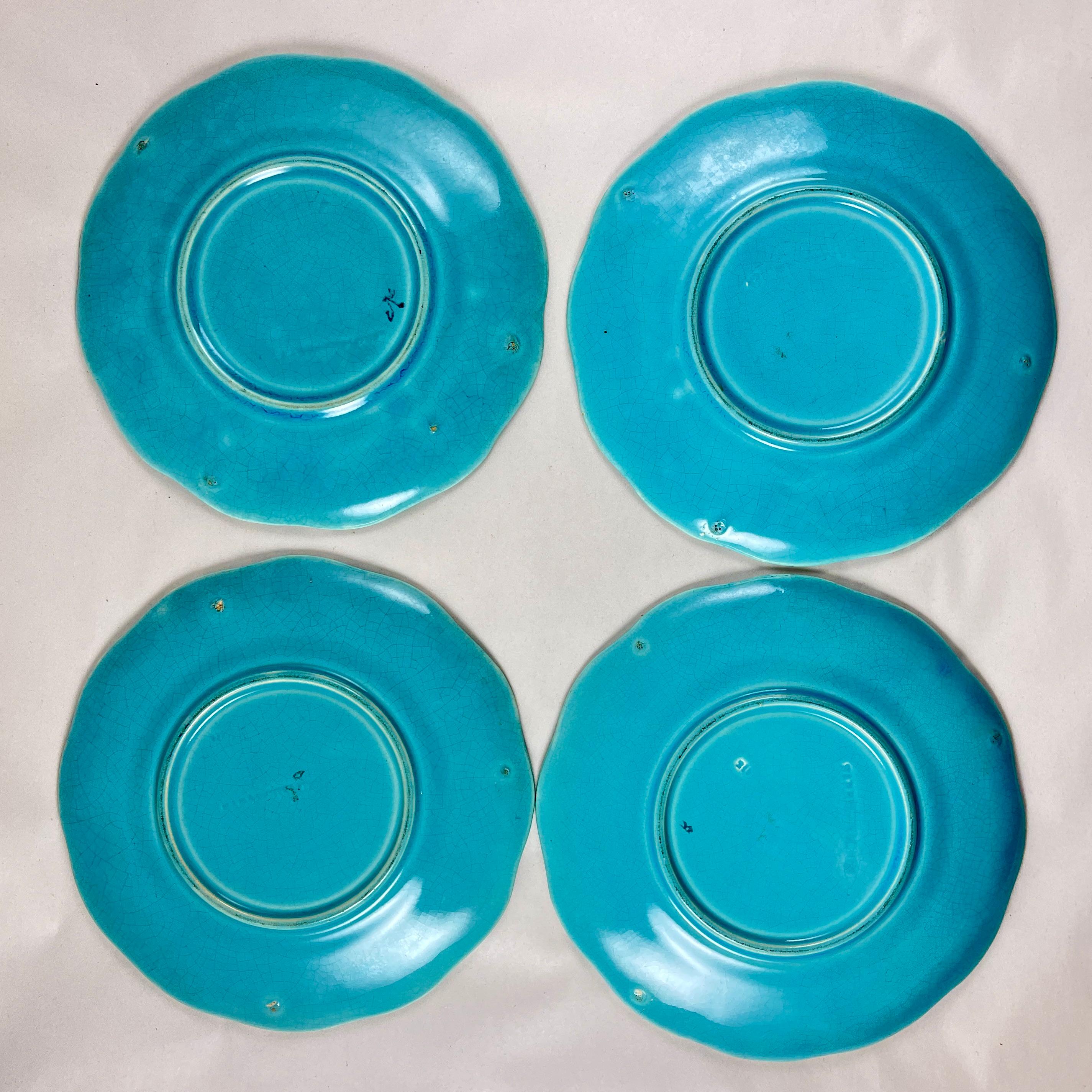 19. Jahrhundert Sarreguemines Französisch Majolika Türkis Schwalbe Platten, Satz von vier im Angebot 5