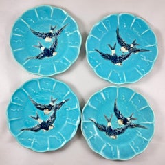 19th Century Sarreguemines French Majolica Turquoise Swallow Plates, Set of Four