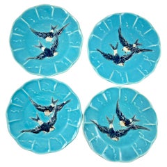 Piatti a forma di rondine in maiolica turchese del XIX secolo di Sarreguemines, set di quattro piatti