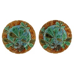 Antique 19th Century Sarreguemines Majolica Chesnut Leaf Plate, a Pair