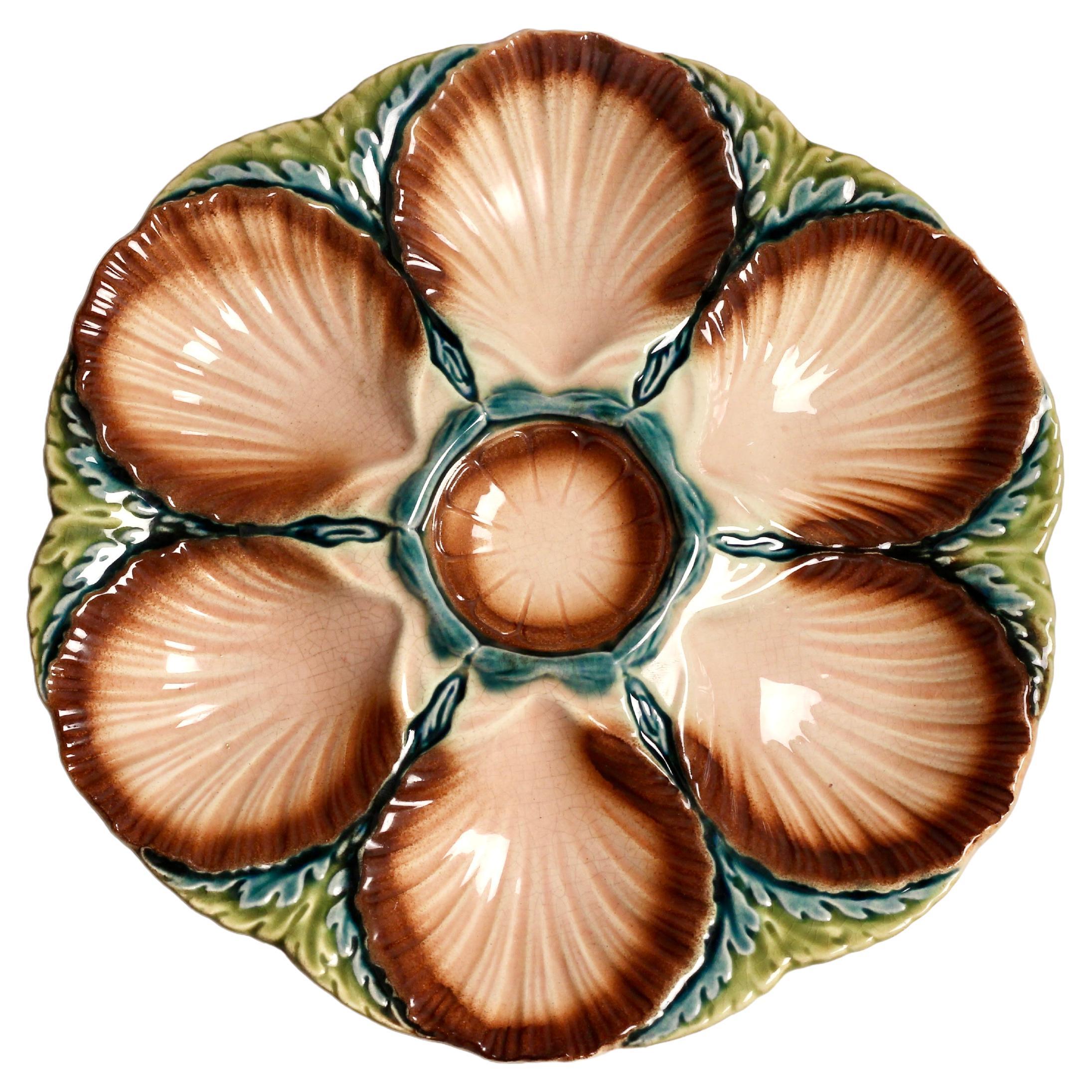 Assiette à huîtres en majolique Sarreguemines du 19ème siècle avec algues et coquillages Barbotine