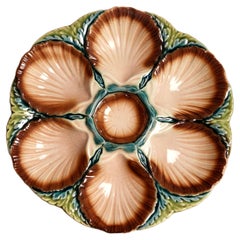 19th Century Sarreguemines Majolica Seaweed and Shell Barbotine Oyster Plate