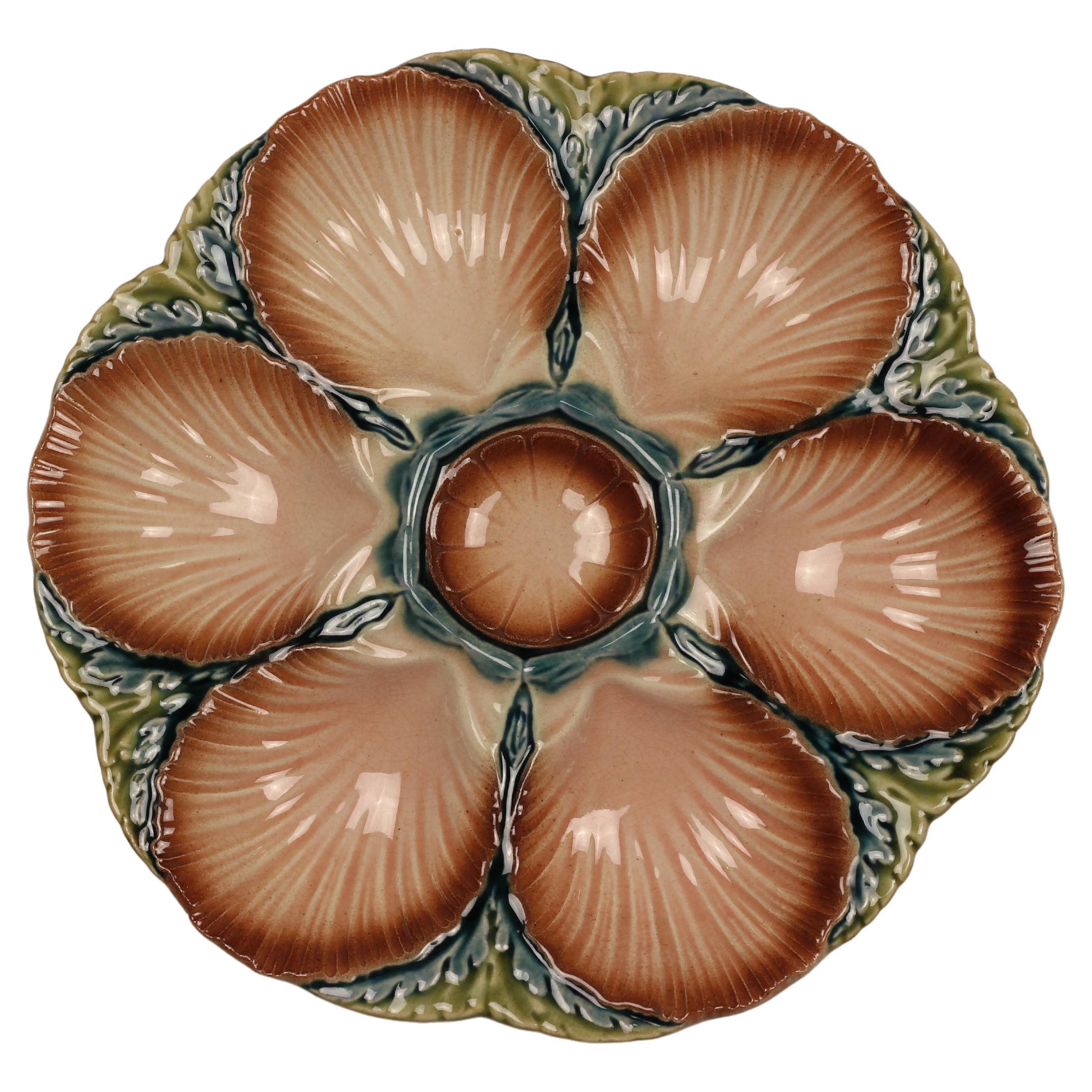 19th Century Sarreguemines Majolica Seaweed and Shell Barbotine Oyster Plate