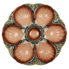 Antique 19th Century Sarreguemines Majolica Seaweed and Shell Barbotine Oyster Plate