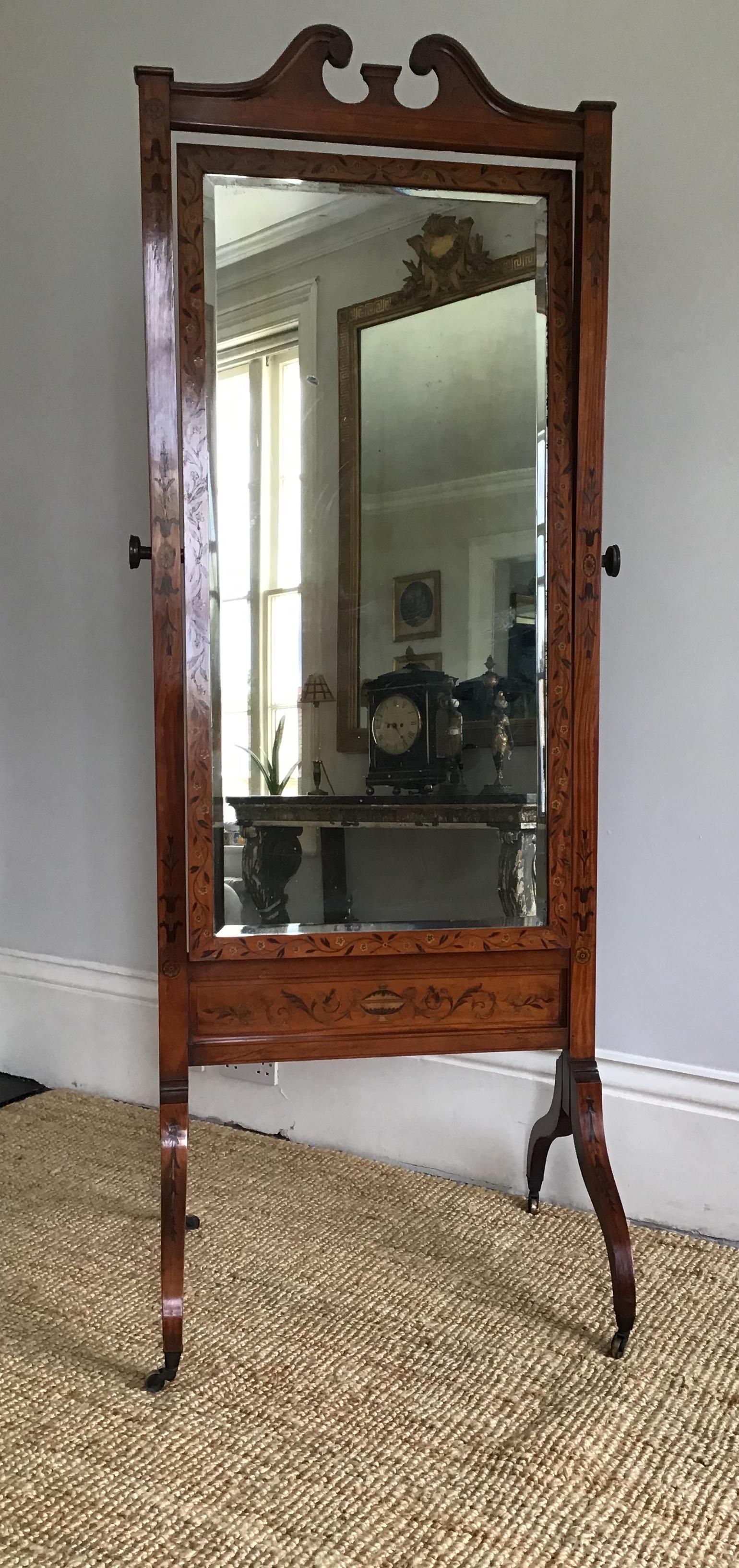 19th Century Satinwood and Marquetry Cheval Dressing Mirror For Sale 5