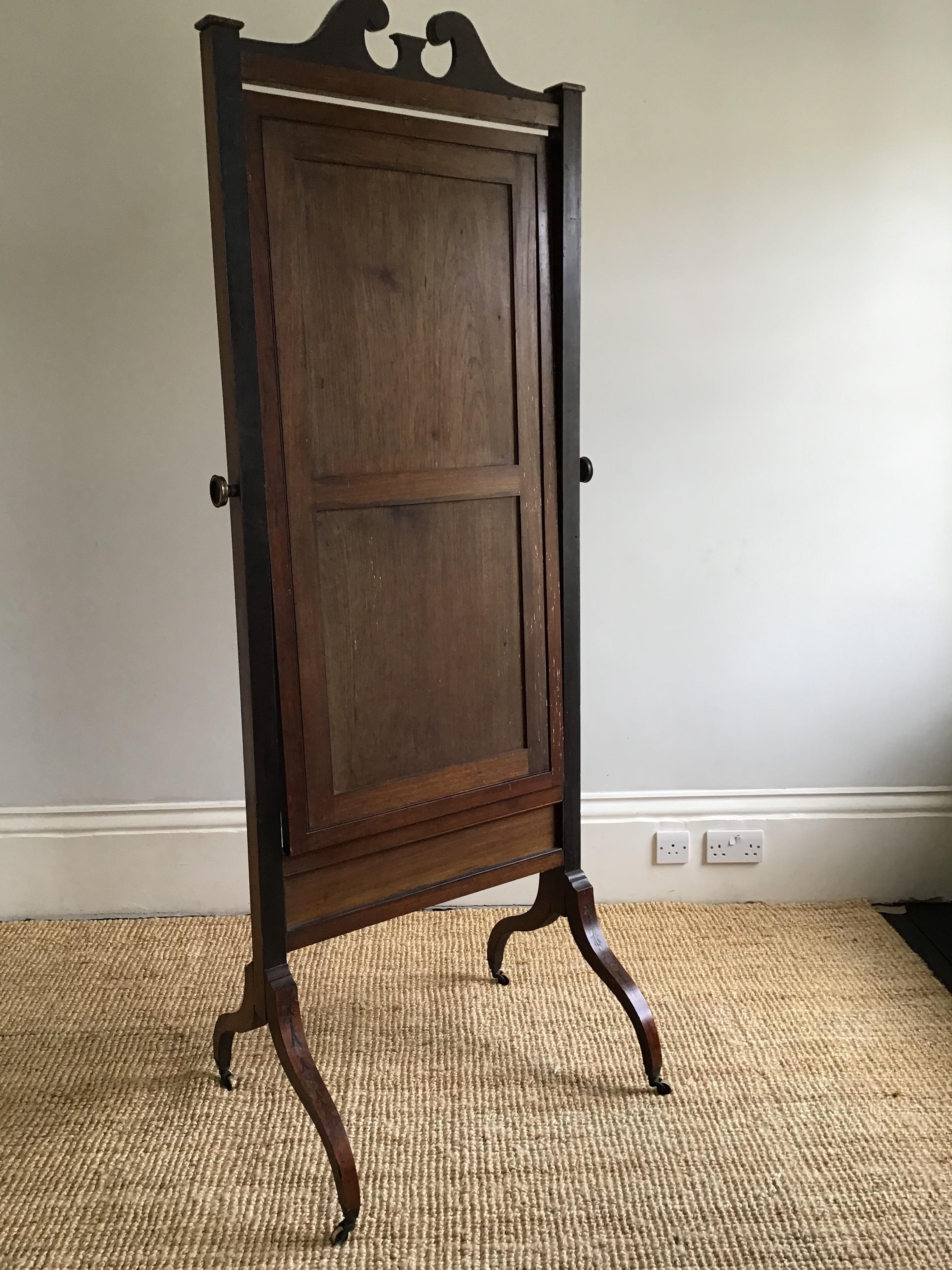 19th Century Satinwood and Marquetry Cheval Dressing Mirror For Sale 1