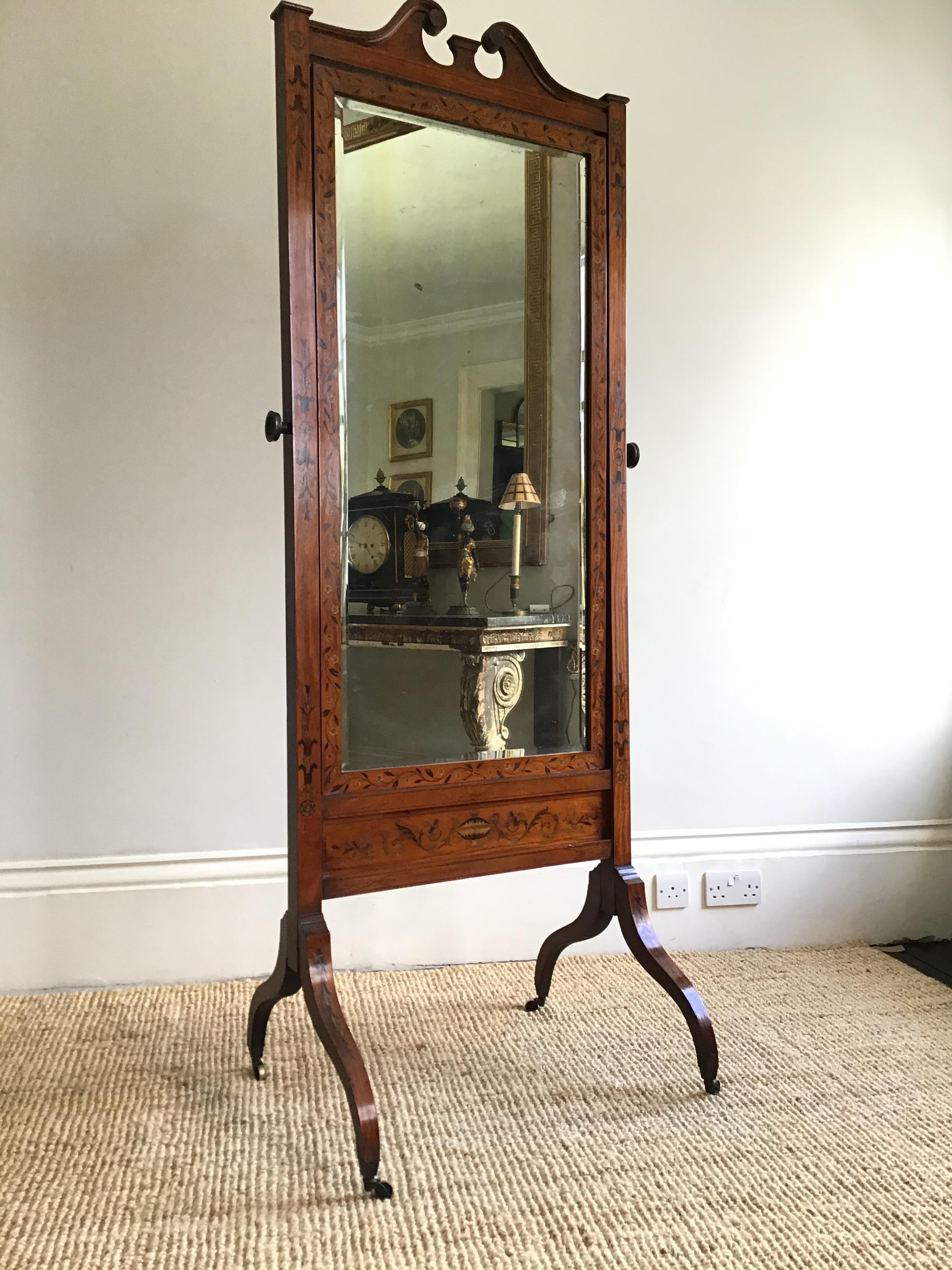 19th Century Satinwood and Marquetry Cheval Dressing Mirror For Sale 2