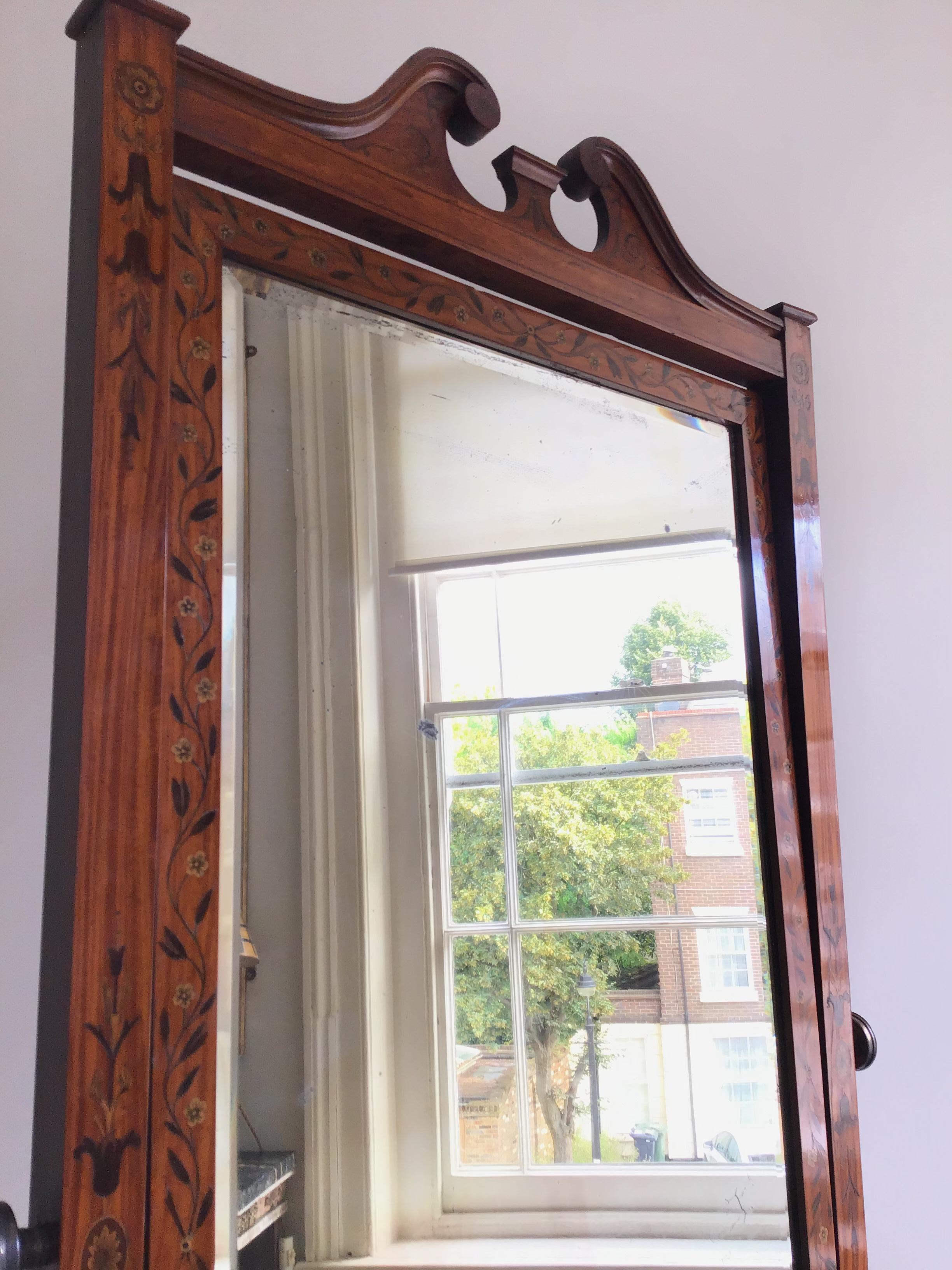 19th Century Satinwood and Marquetry Cheval Dressing Mirror For Sale 3
