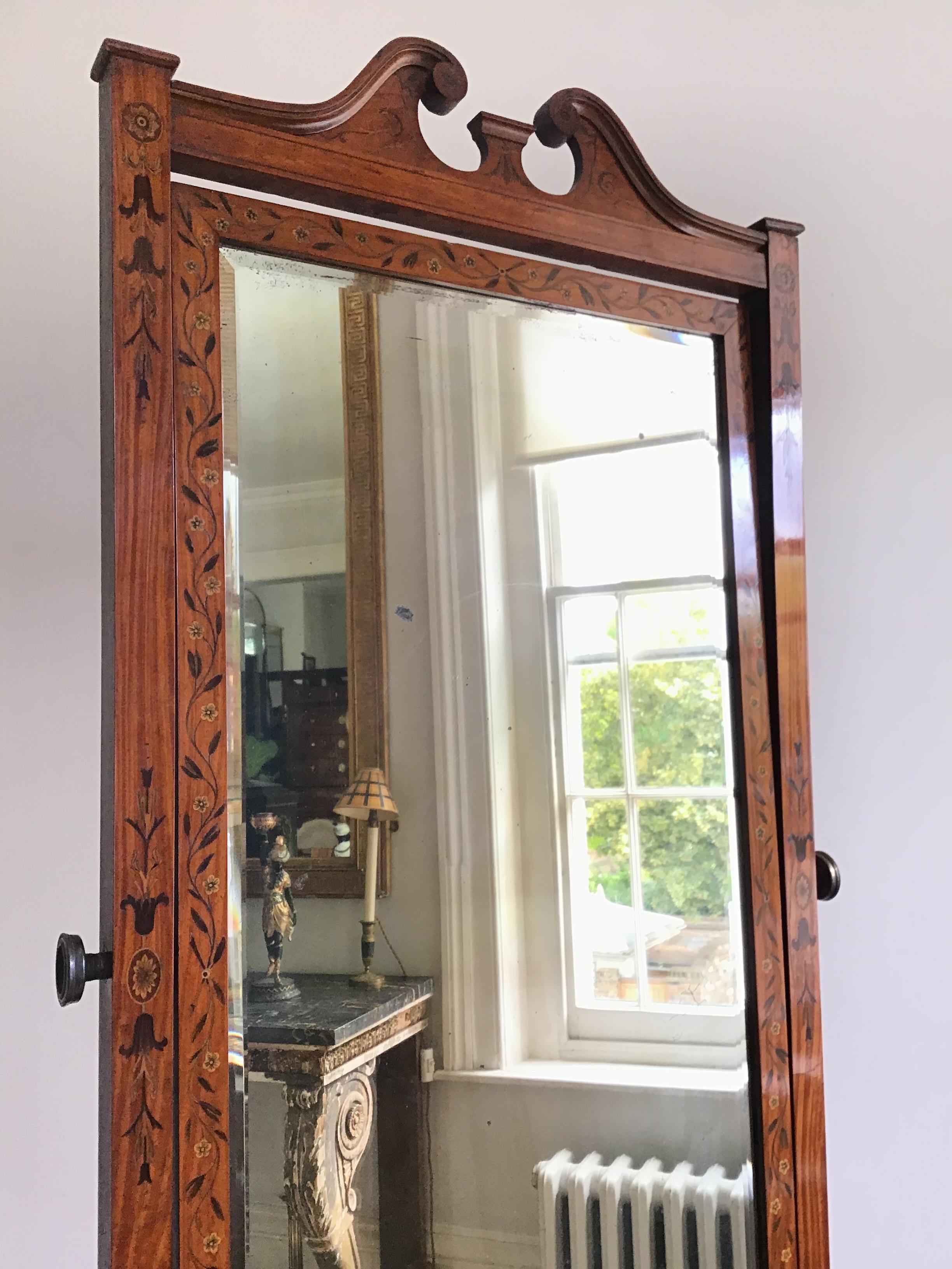 19th Century Satinwood and Marquetry Cheval Dressing Mirror For Sale 4