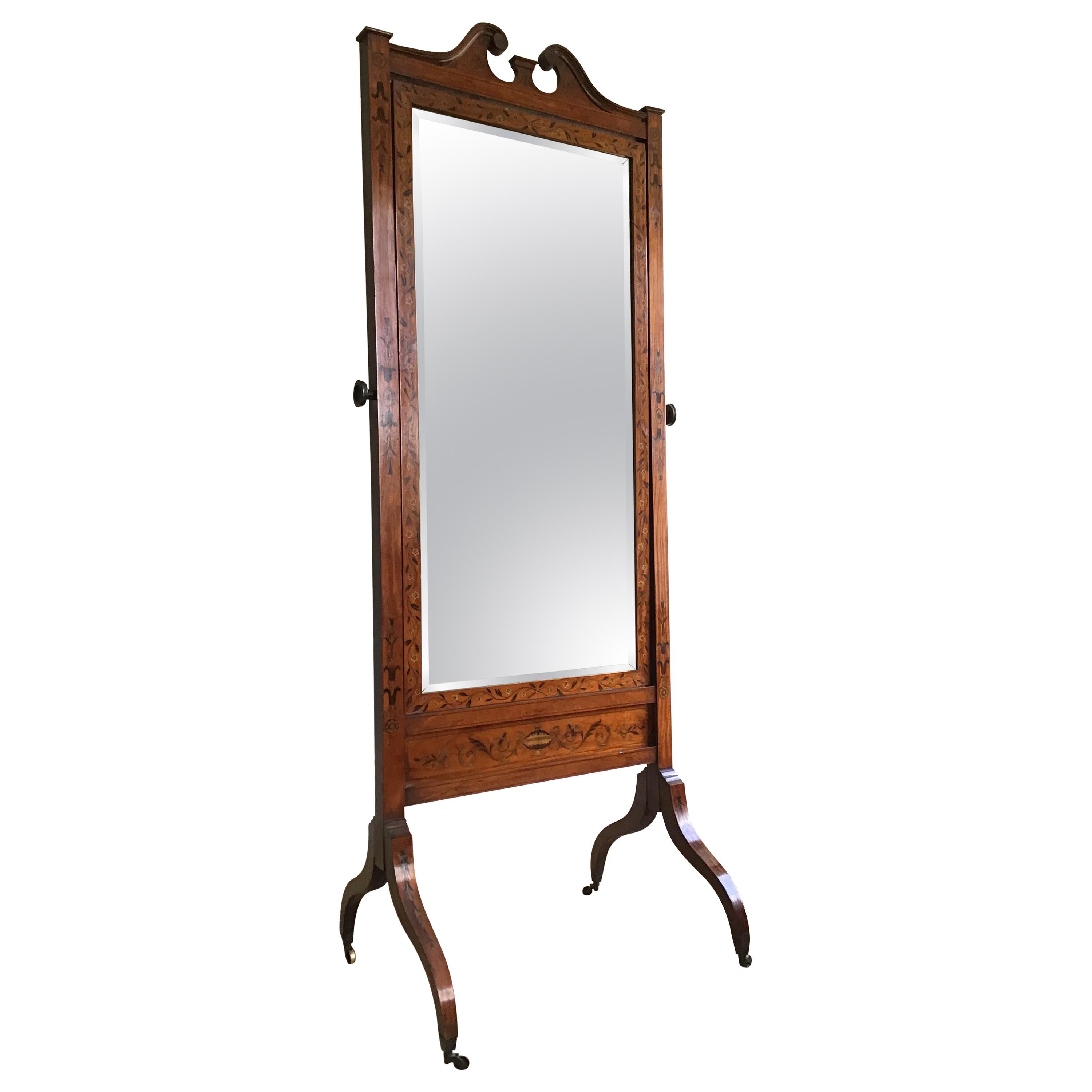 19th Century Satinwood and Marquetry Cheval Dressing Mirror For Sale