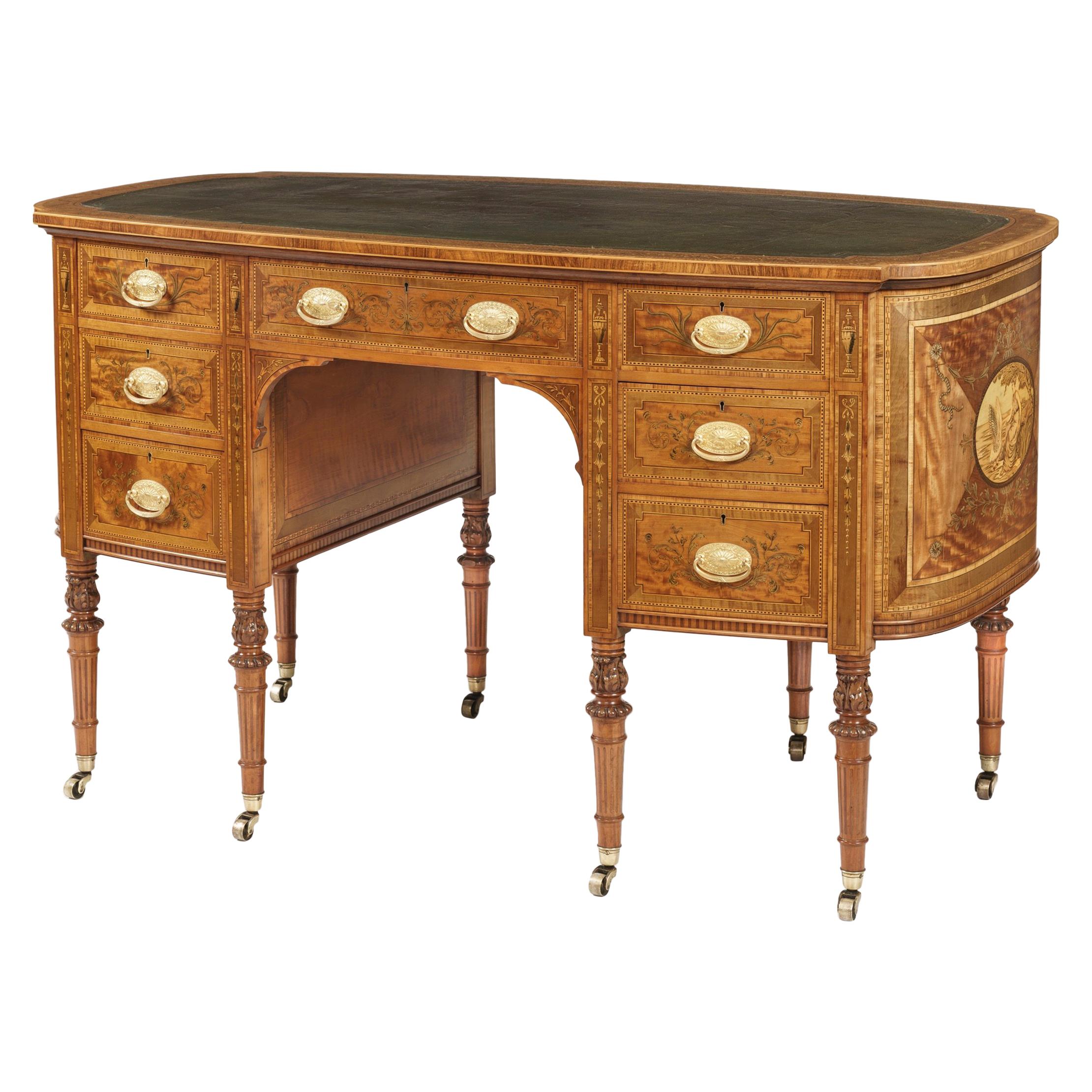 19th Century Satinwood and Marquetry Inlay Desk in the Adam Manner by Maple & Co