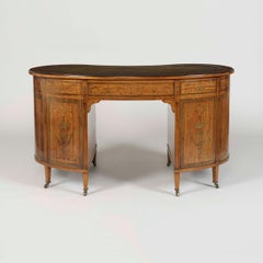 19th Century Satinwood and Marquetry Kidney-Shaped Writing Desk with Leather Top