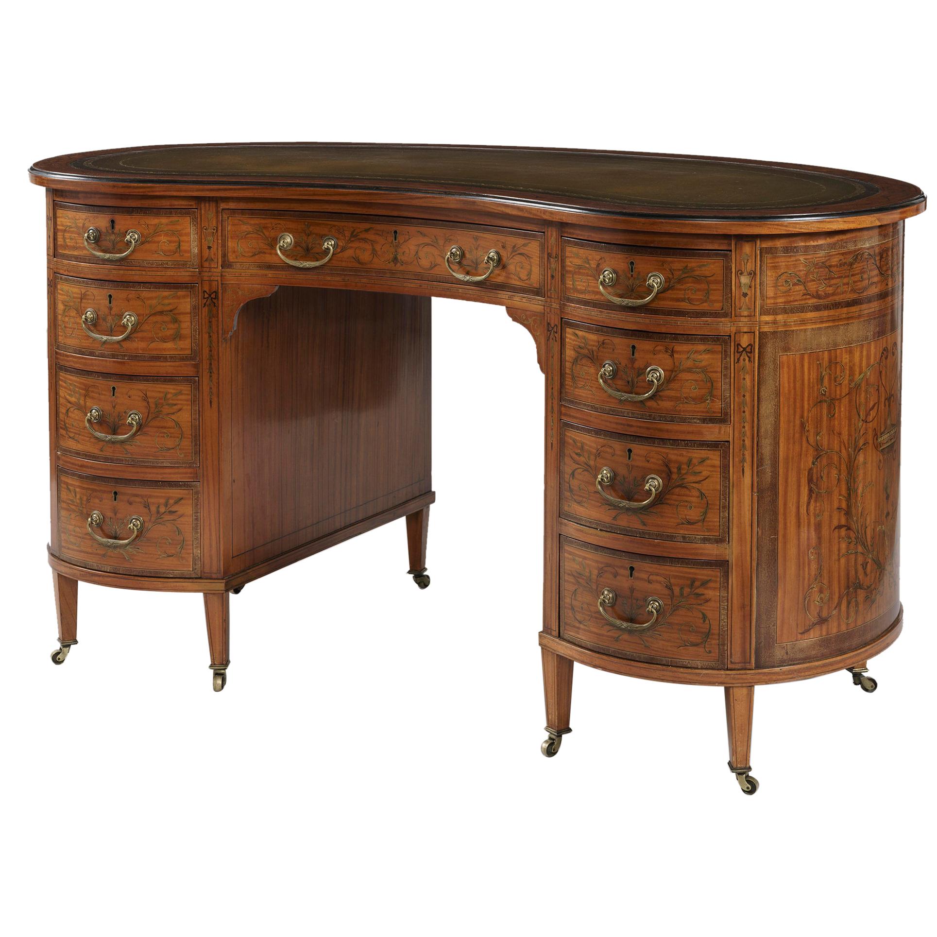 19th Century Satinwood and Marquetry Kidney-Shaped Writing Desk with Leather Top For Sale