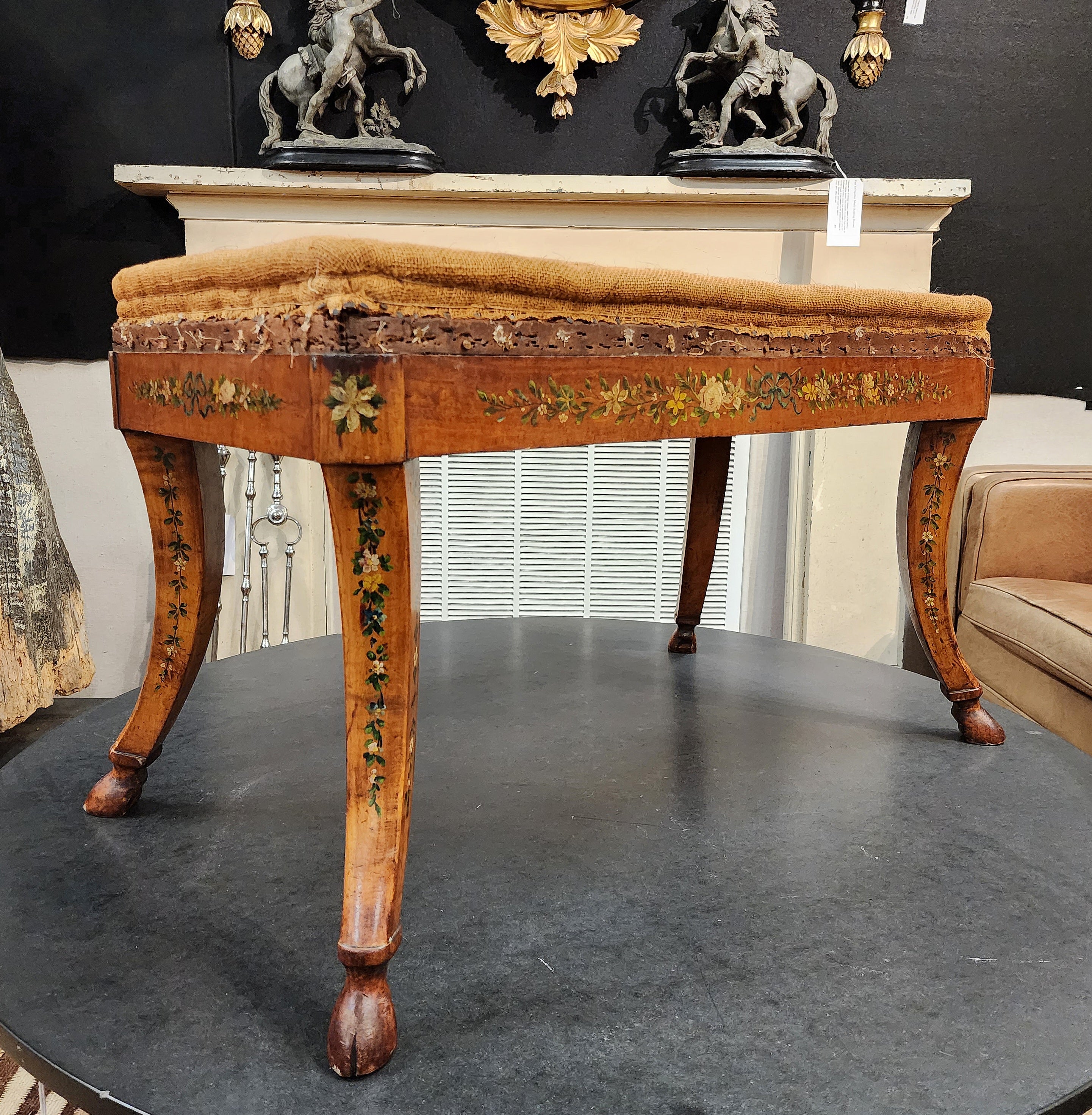 Hand-Crafted 19th Century Satinwood Bench With Carved Hoofed Feet