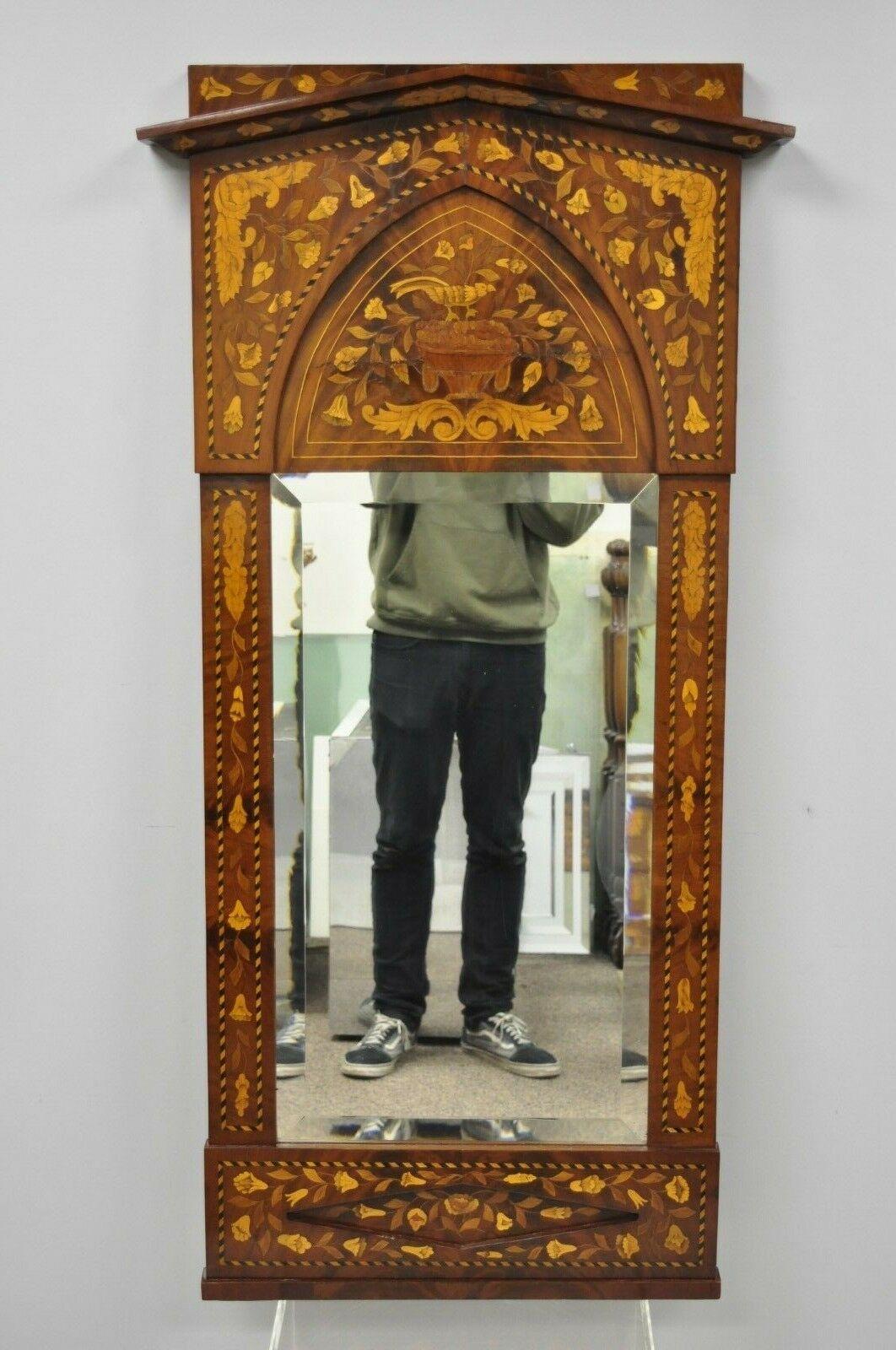 19th Century Satinwood Dutch Marquetry Inlaid Beveled Glass Console Wall Mirror For Sale 5