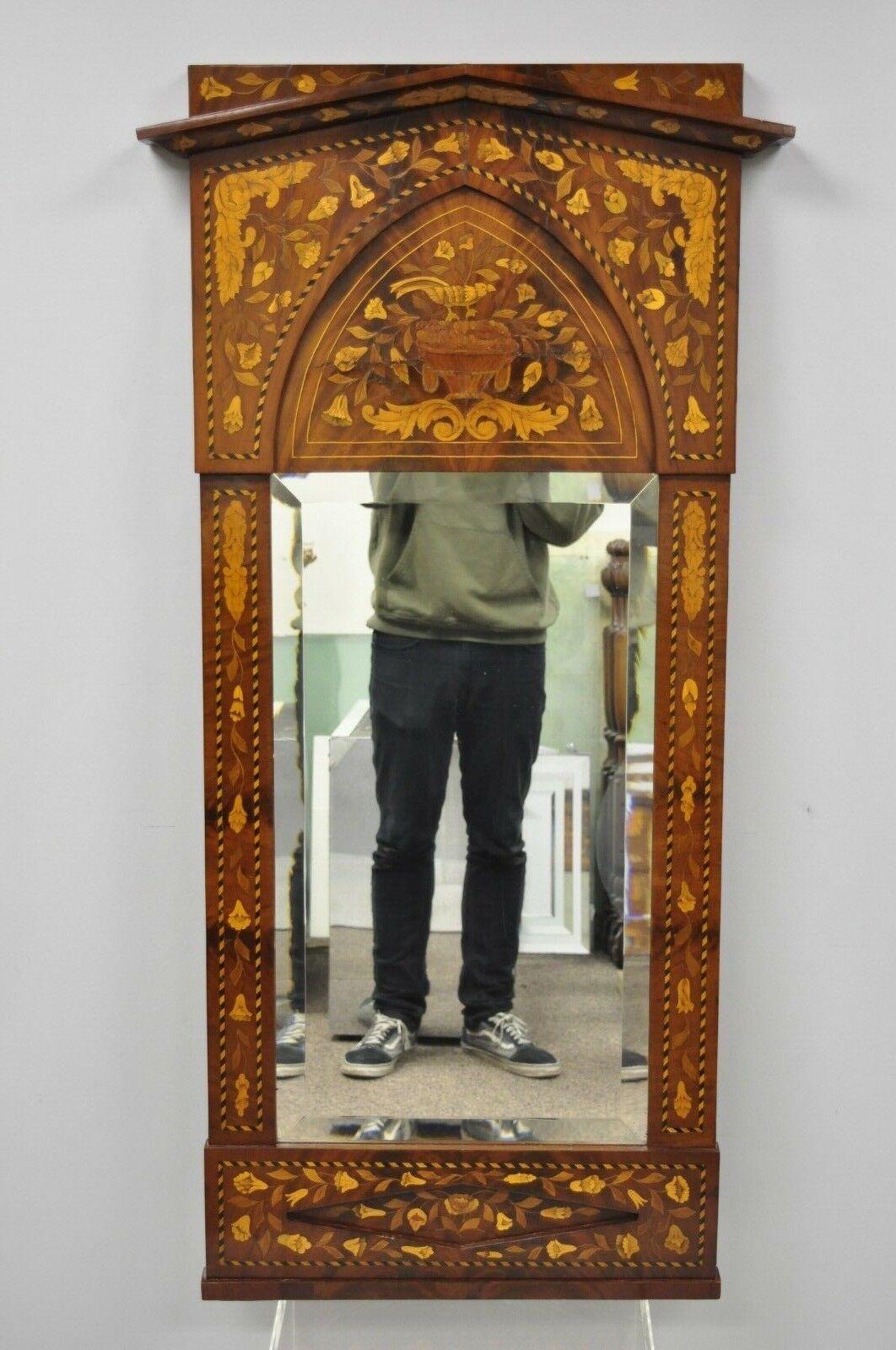 19th Century Satinwood Dutch Marquetry Inlaid Beveled Glass Console Wall Mirror For Sale 7