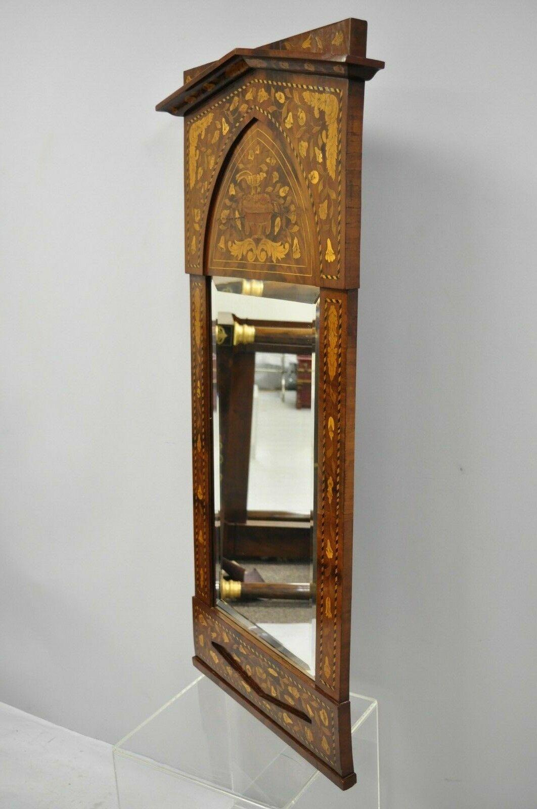 19th Century Satinwood Dutch Marquetry Inlaid Beveled Glass Console Wall Mirror For Sale 1