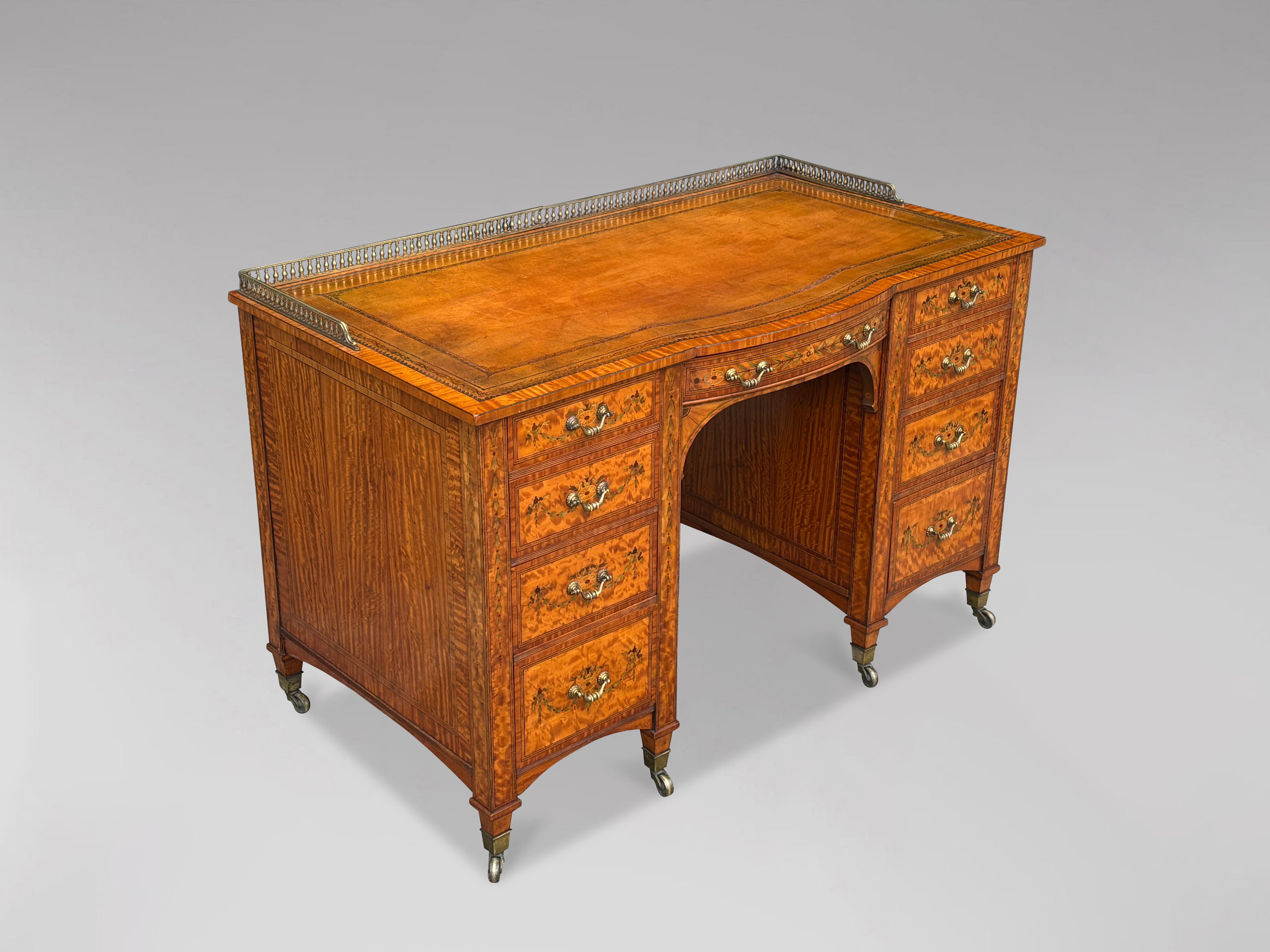 A fine quality mid 19th Century well-figured satinwood and marquetry pedestal desk. Marquetry boxwood, rosewood & ebony line inlaid and satinwood throughout, having brass galleried top, shaped green tooled leather writing surface. The desk, finished
