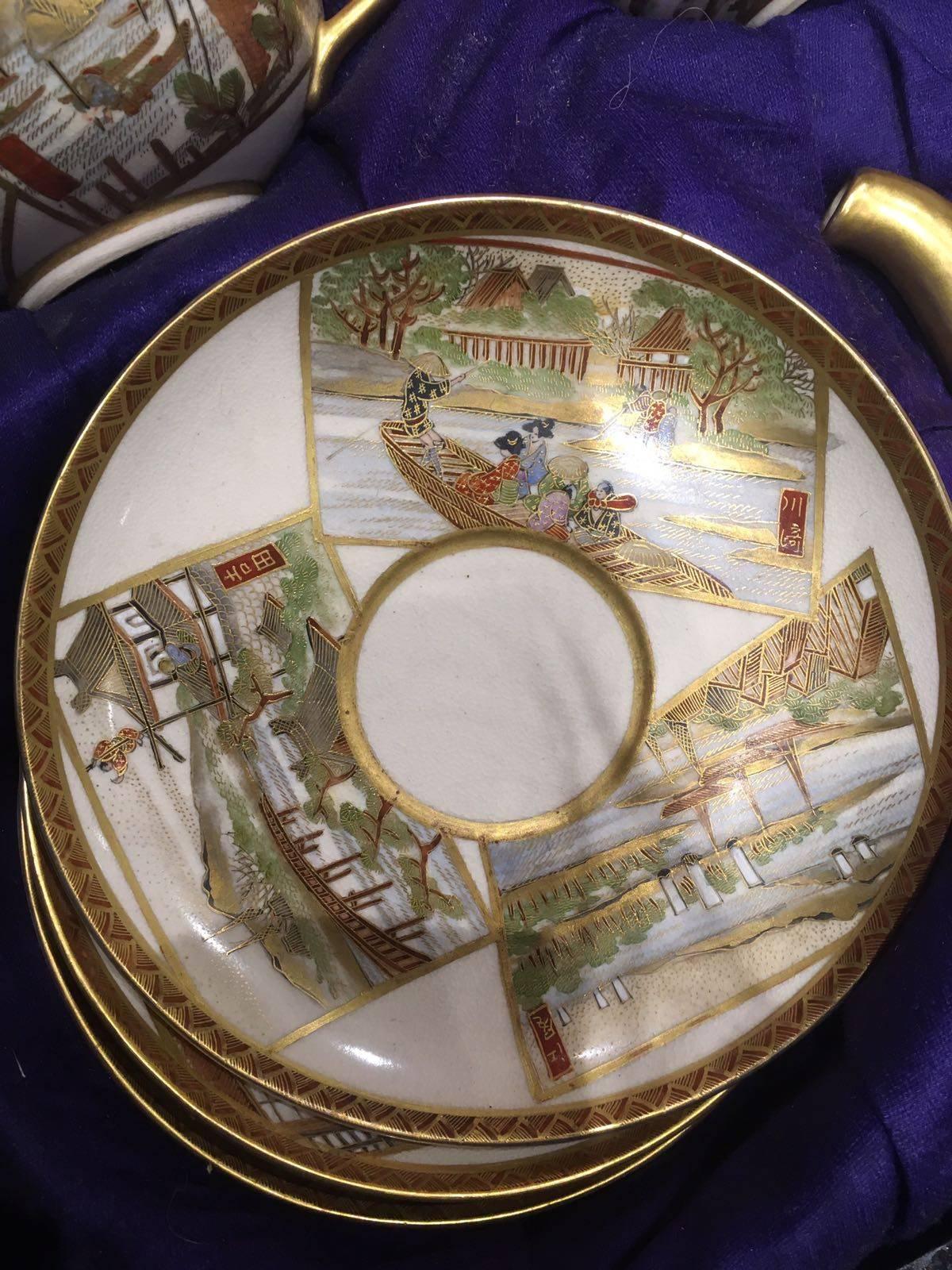 19th century Satsuma cup set, really illustrates beautiful scenes of the Meiji Period, Japan.

Six cups: H 5 cm x D 9 cm 
Six saucers: H 1.5 cm x D 9 cm
One large teapot: H13 cm x D 19 cm
One small pot: H11 cm x D 13 cm
One sugar pot: H 12 cm