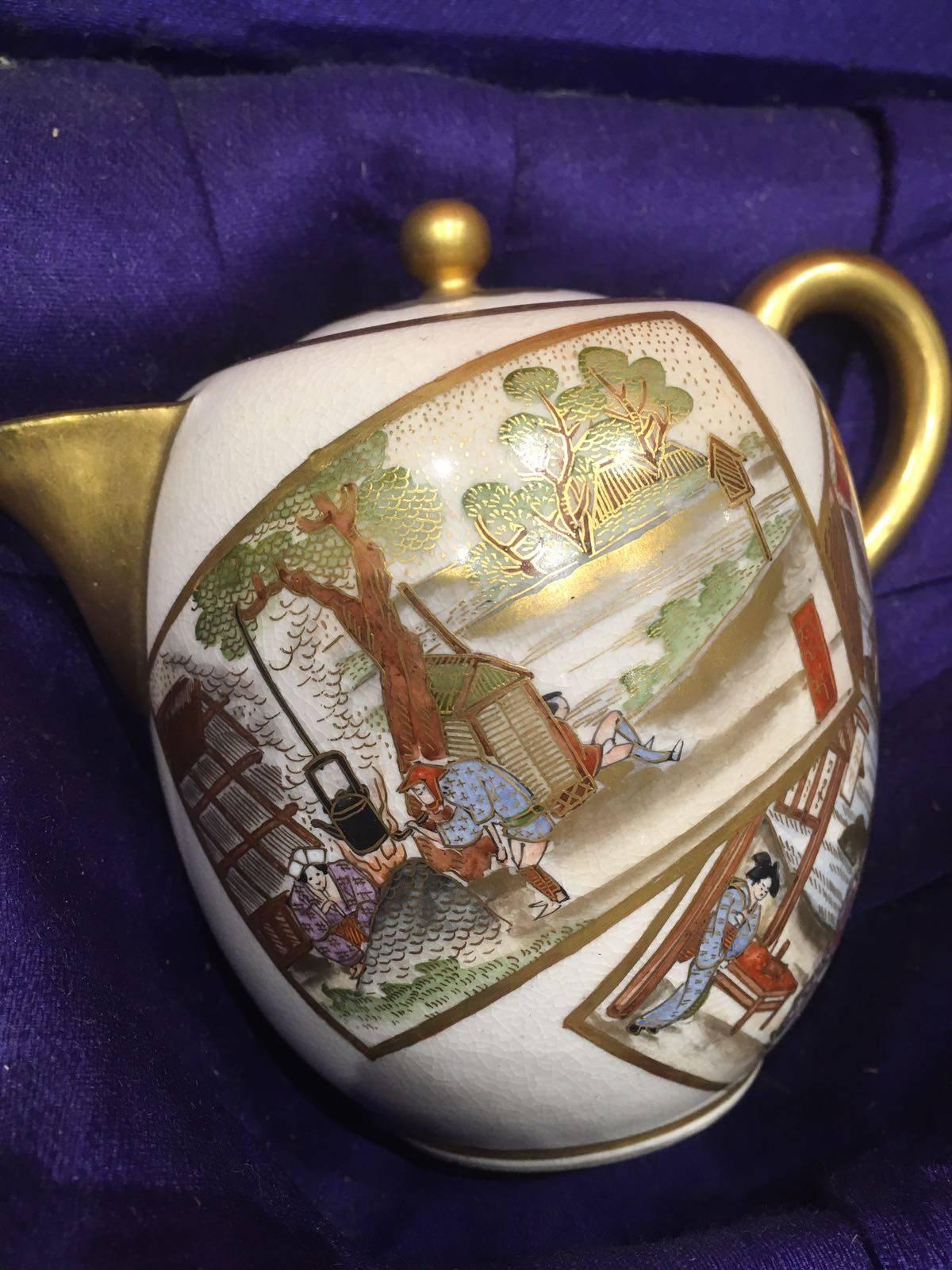 Japanese 19th Century Satsuma Cup Set, Illustrates Beautiful Scenes of the Meiji Period For Sale