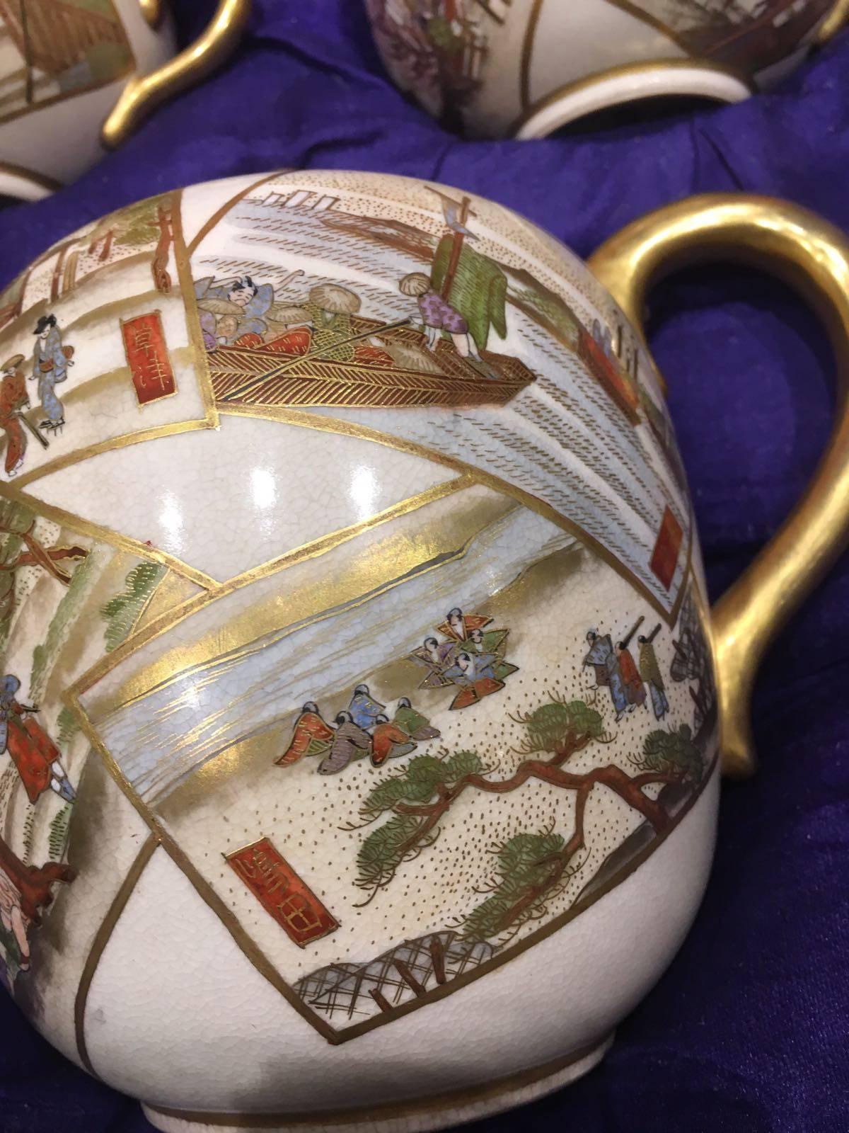 Enameled 19th Century Satsuma Cup Set, Illustrates Beautiful Scenes of the Meiji Period For Sale