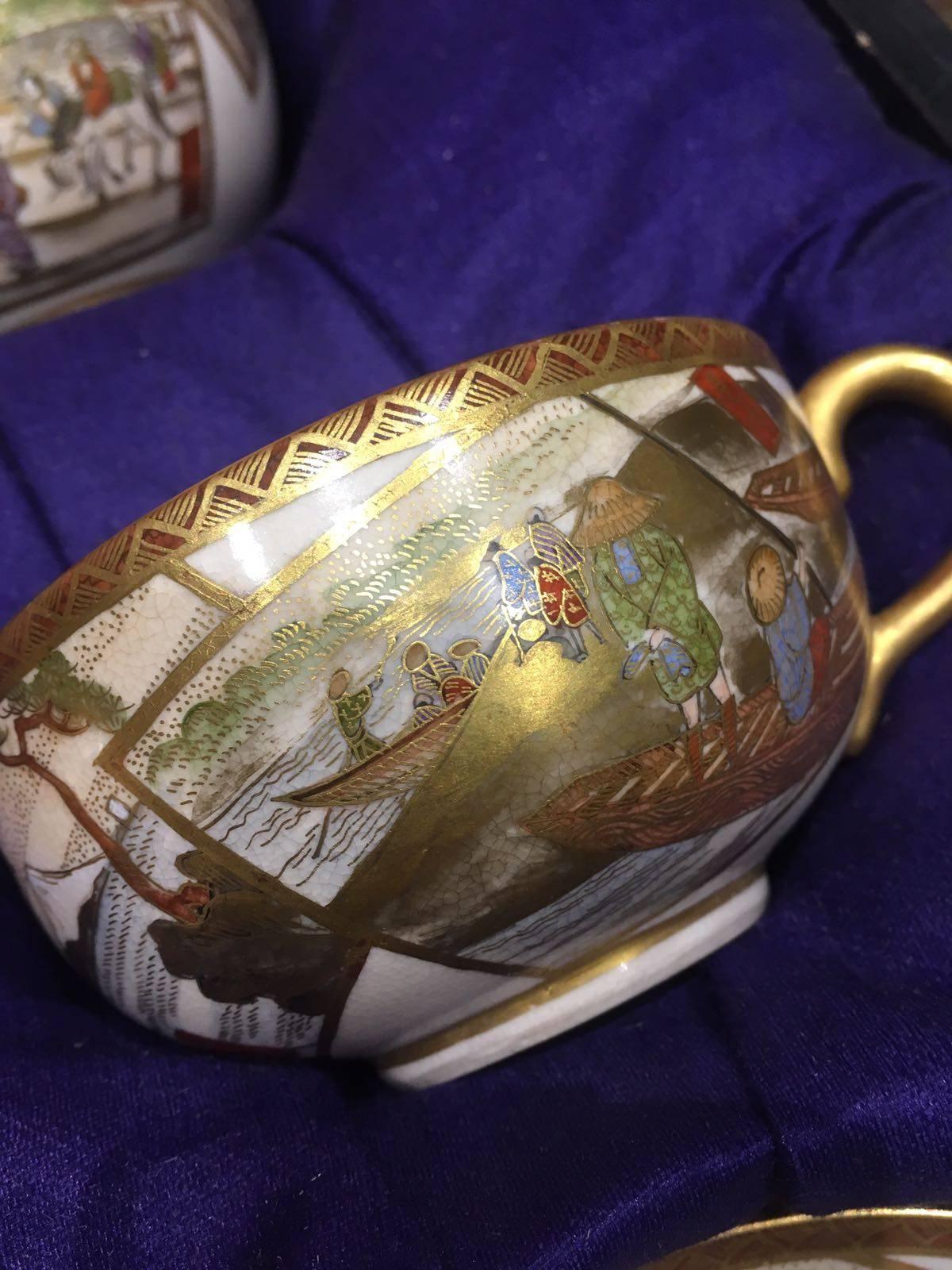 Porcelain 19th Century Satsuma Cup Set, Illustrates Beautiful Scenes of the Meiji Period For Sale