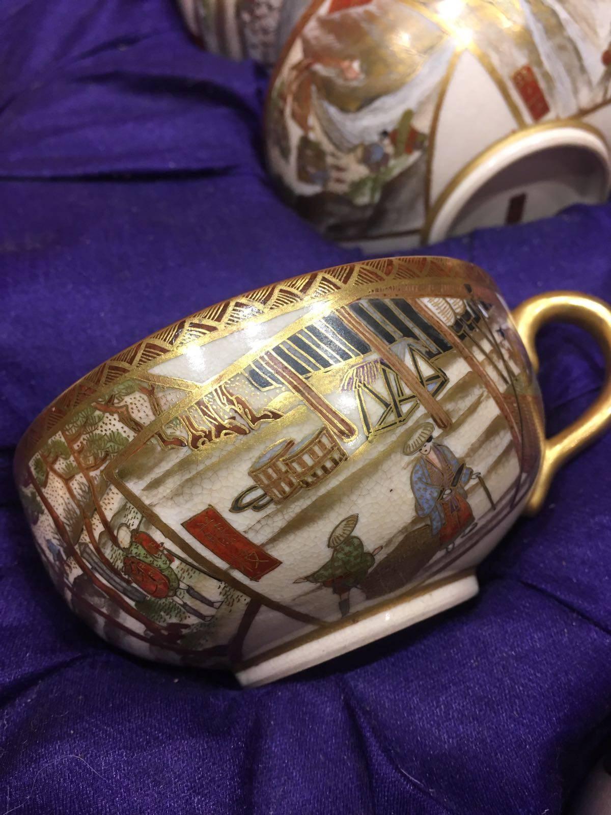 19th Century Satsuma Cup Set, Illustrates Beautiful Scenes of the Meiji Period For Sale 2