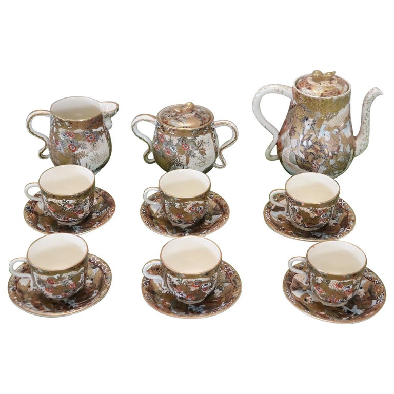 19th Century Satsuma Japanese Hand Painted Porcelain Tea or Coffee Set 15 Pieces For Sale
