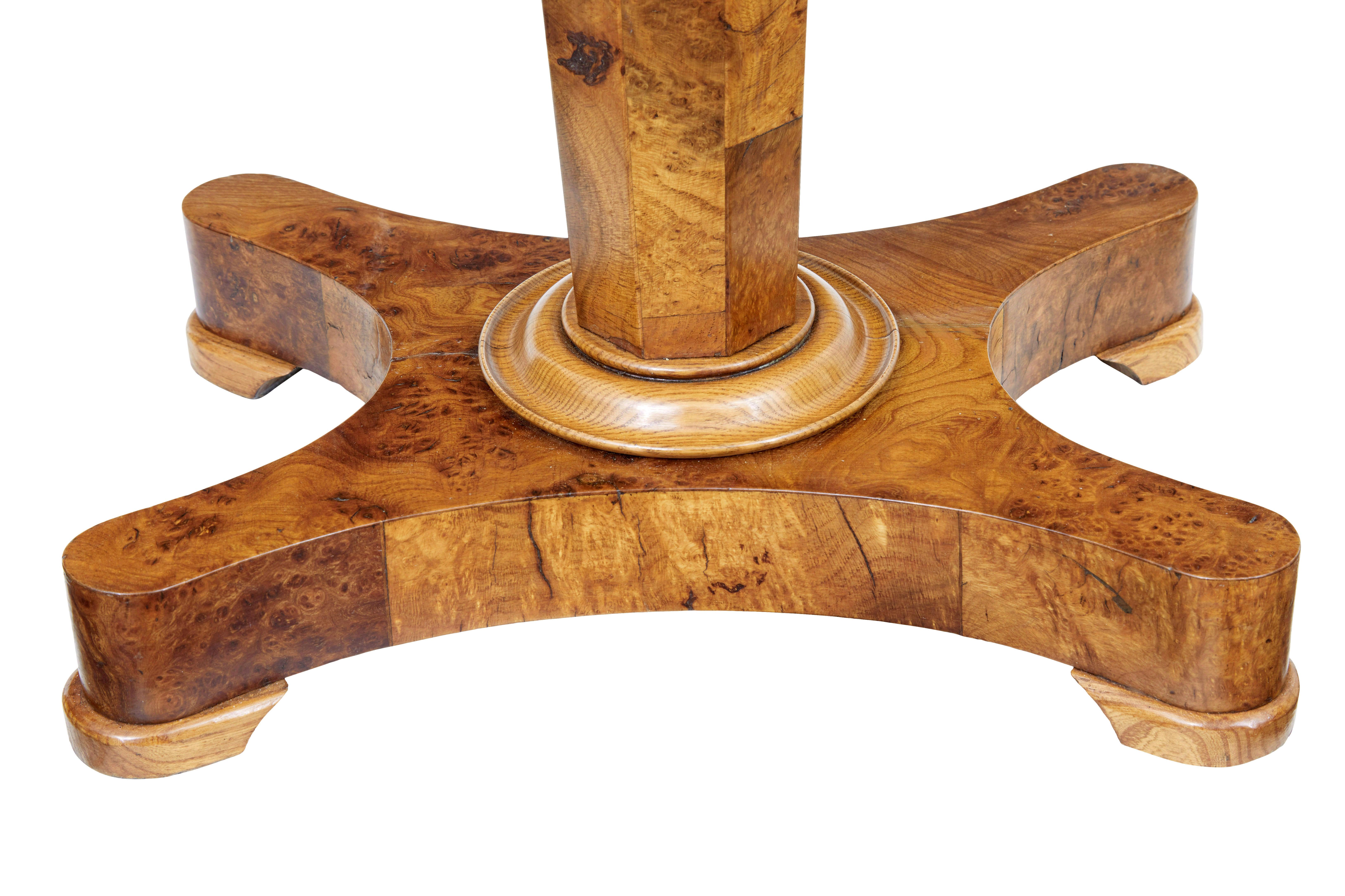 19th century burr elm teapoy circa 1840.

Very good quality example of a Scandinavian teapoy with a strong influence from the english regency period.

Sarcophagus shaped main body which superbly shows the burrs and grain in the timbers used, further