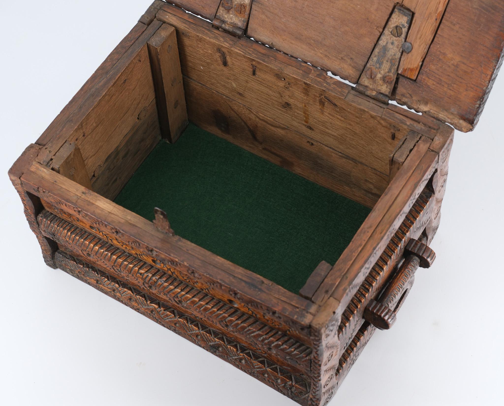 19th Century Scandinavian Folk Art Carved Oak Table Top Chest For Sale 5
