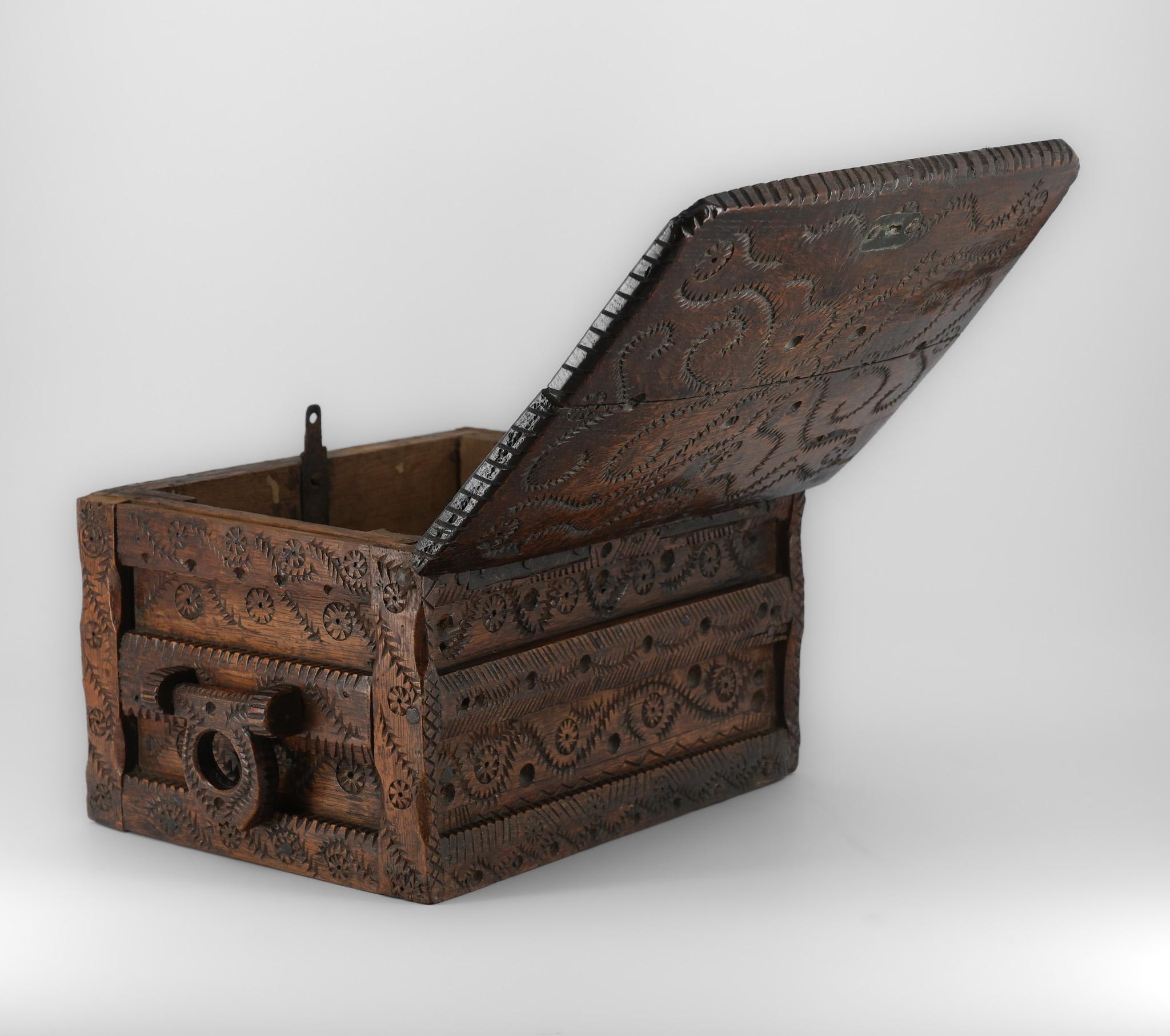 19th Century Scandinavian Folk Art Carved Oak Table Top Chest For Sale 7