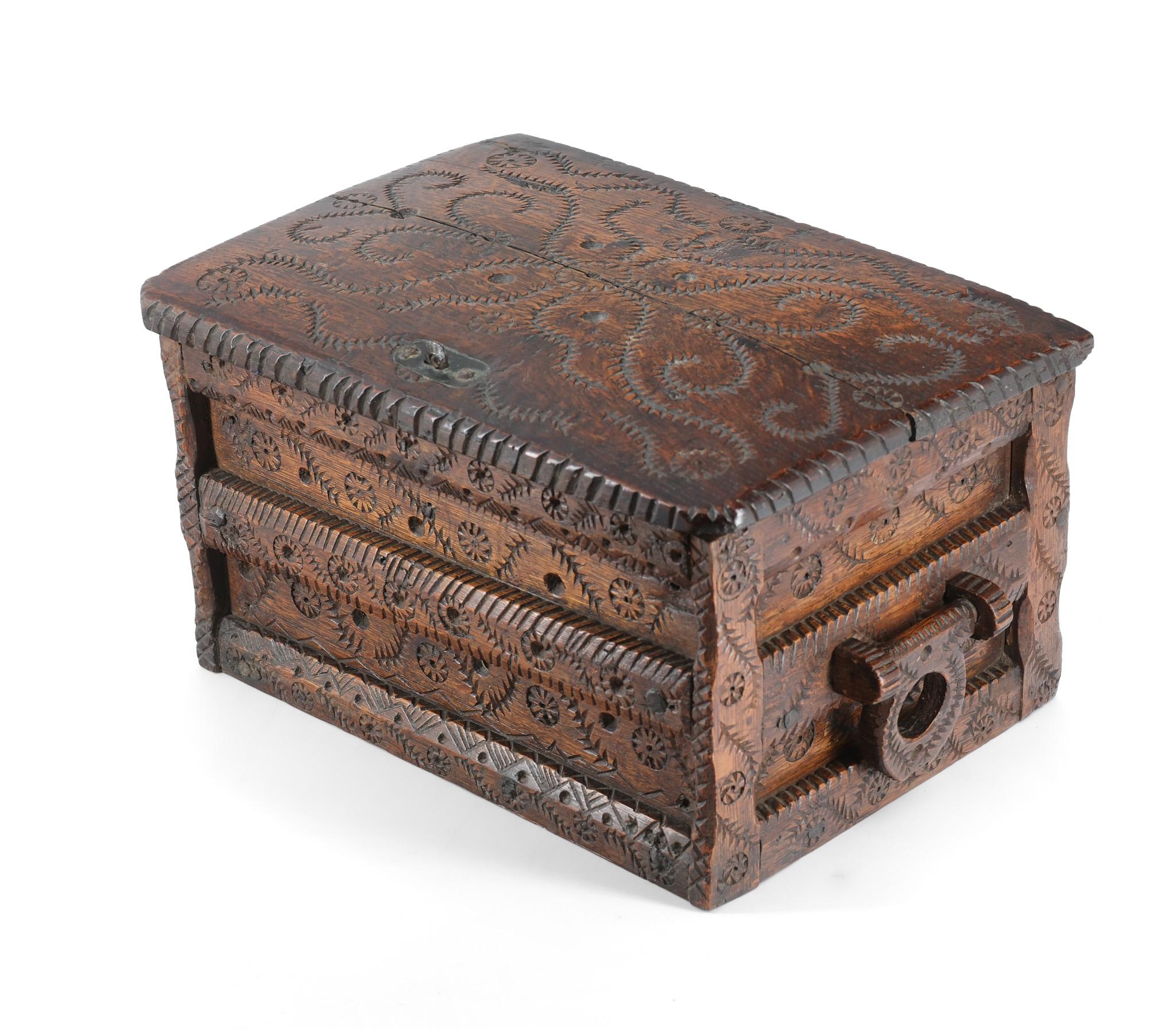 19th Century Scandinavian Folk Art Carved Oak Table Top Chest For Sale 9