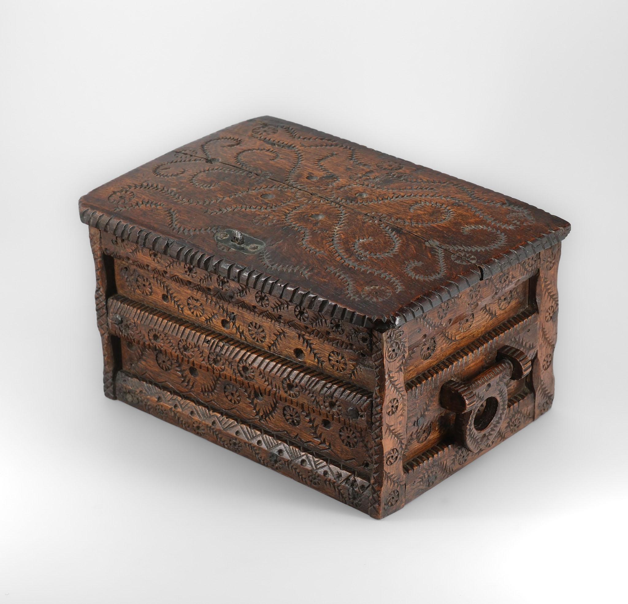 19th Century Scandinavian Folk Art Carved Oak Table Top Chest For Sale 10