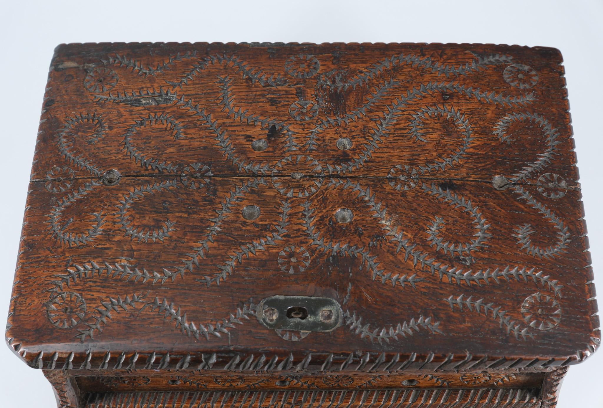 European 19th Century Scandinavian Folk Art Carved Oak Table Top Chest For Sale