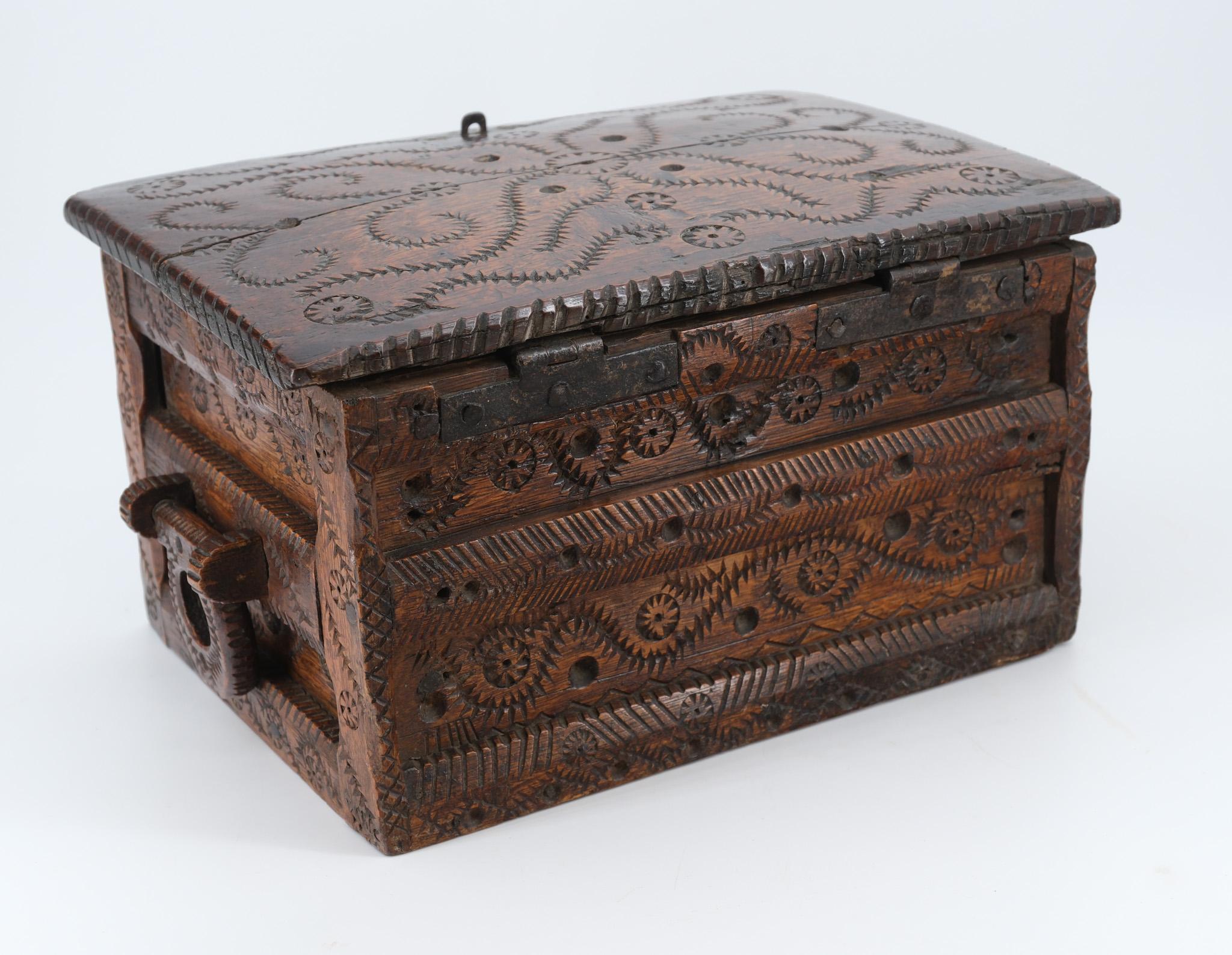 19th Century Scandinavian Folk Art Carved Oak Table Top Chest For Sale 1