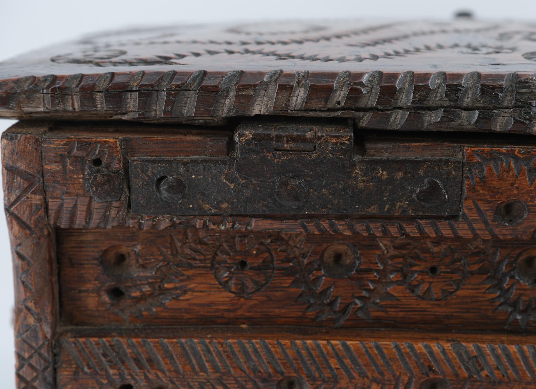 19th Century Scandinavian Folk Art Carved Oak Table Top Chest For Sale 2
