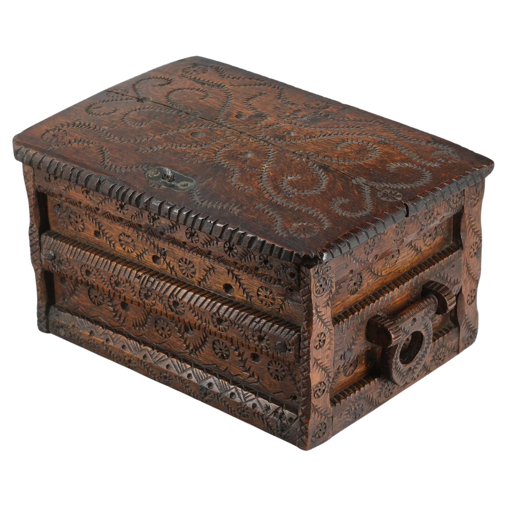 19th Century Scandinavian Folk Art Carved Oak Table Top Chest For Sale