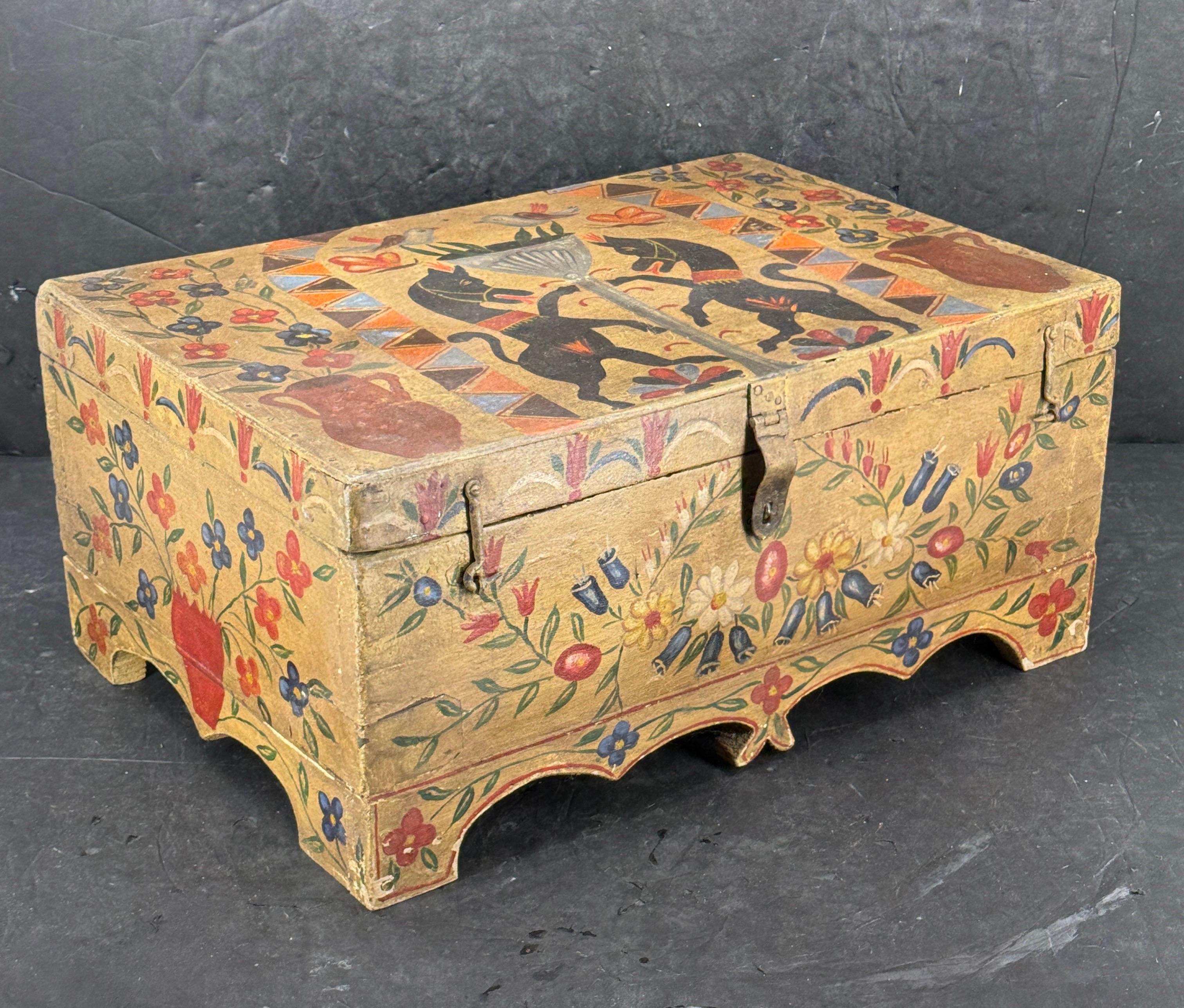 19th Century Scandinavian Folk Art Hand-Painted Chest Box For Sale 5