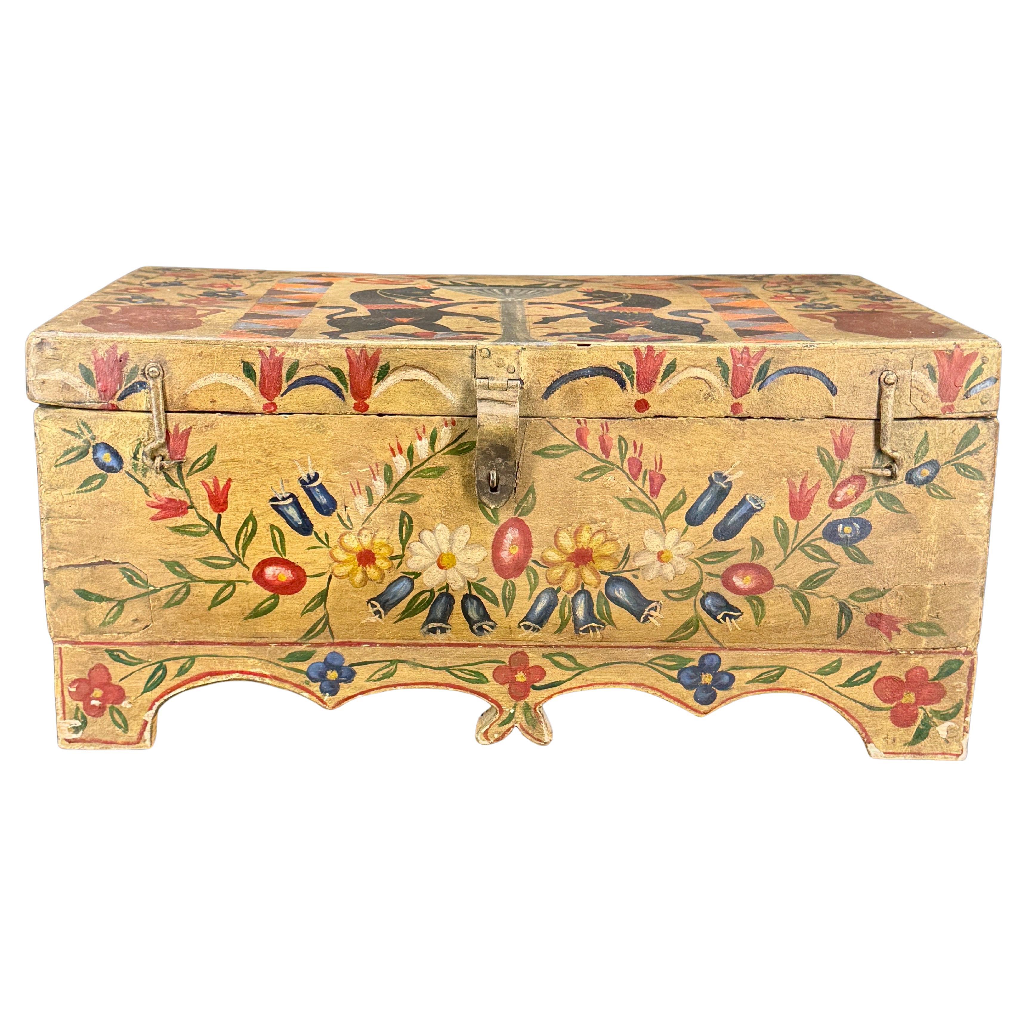 Hand-Crafted 19th Century Scandinavian Folk Art Hand-Painted Chest Box For Sale