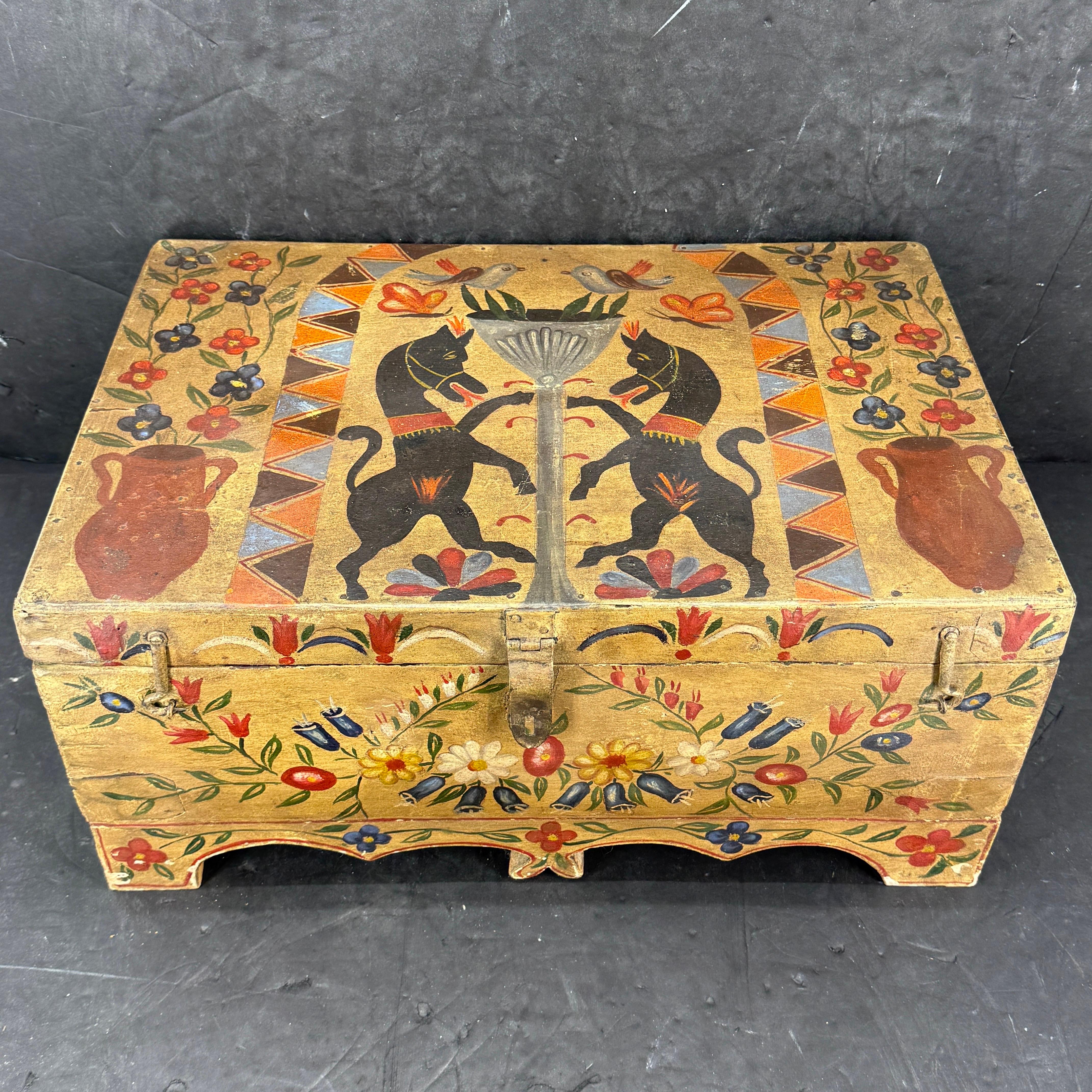 19th Century Scandinavian Folk Art Hand-Painted Chest Box For Sale 1