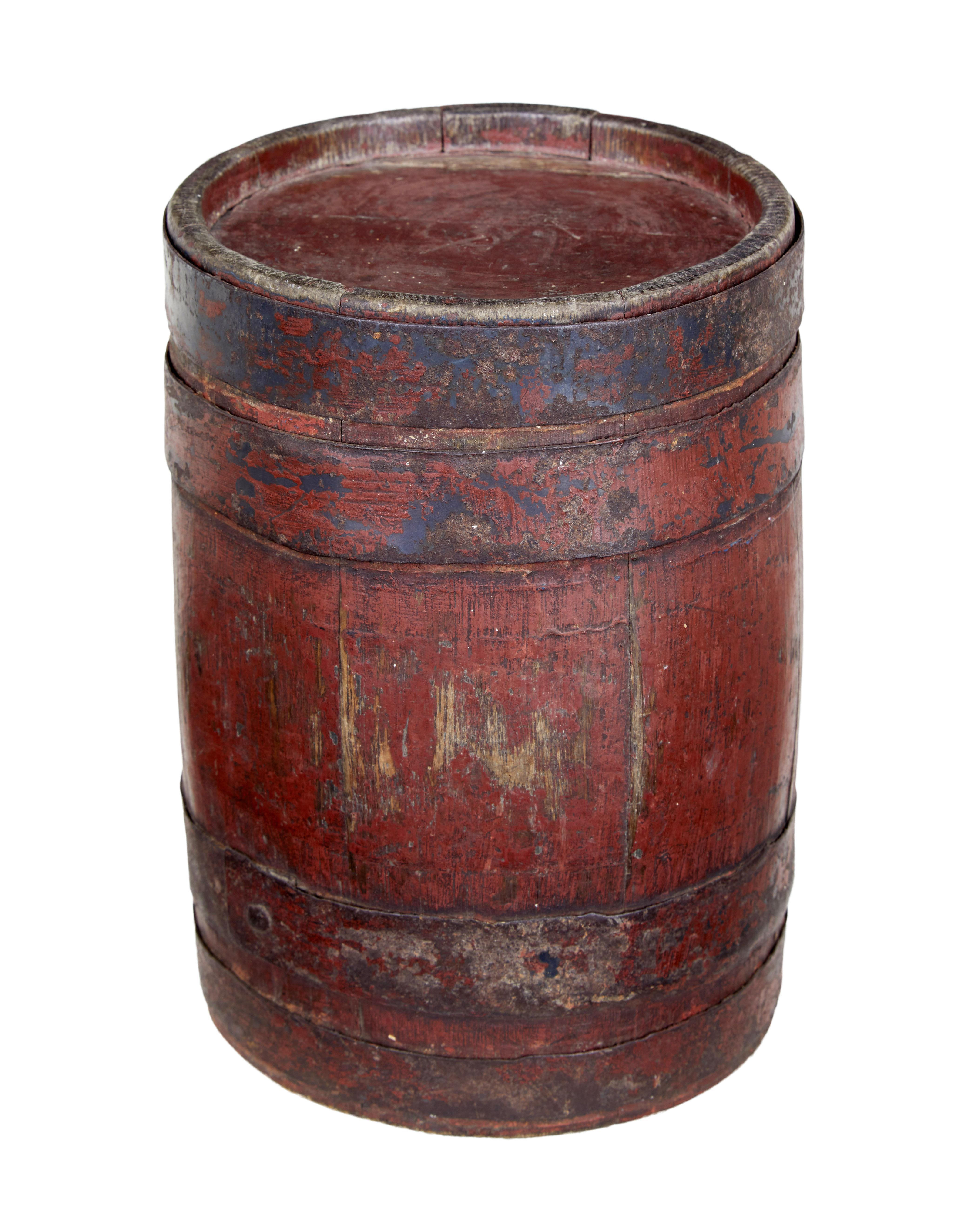 19th century Scandinavian painted oak barrel, circa 1870.

Beautiful miniature oak barrel used for storage and ageing of spirits. Hand painted in traditional colors, with metal strap work. Lead lined entrance to wear the cork is placed. Original