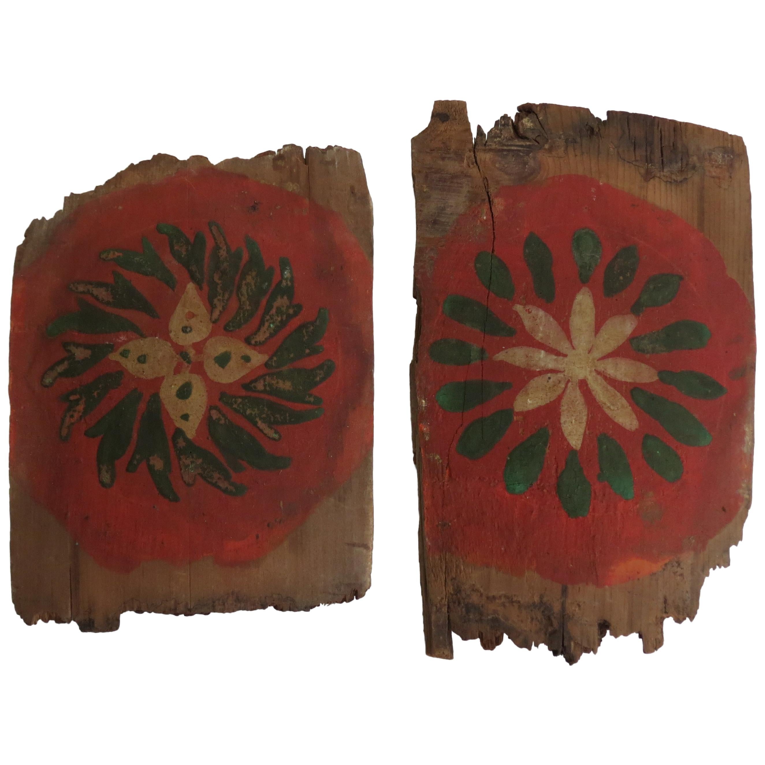 19th Century Scandinavian Pigment Hand Painted Wooden Shingles Fragments