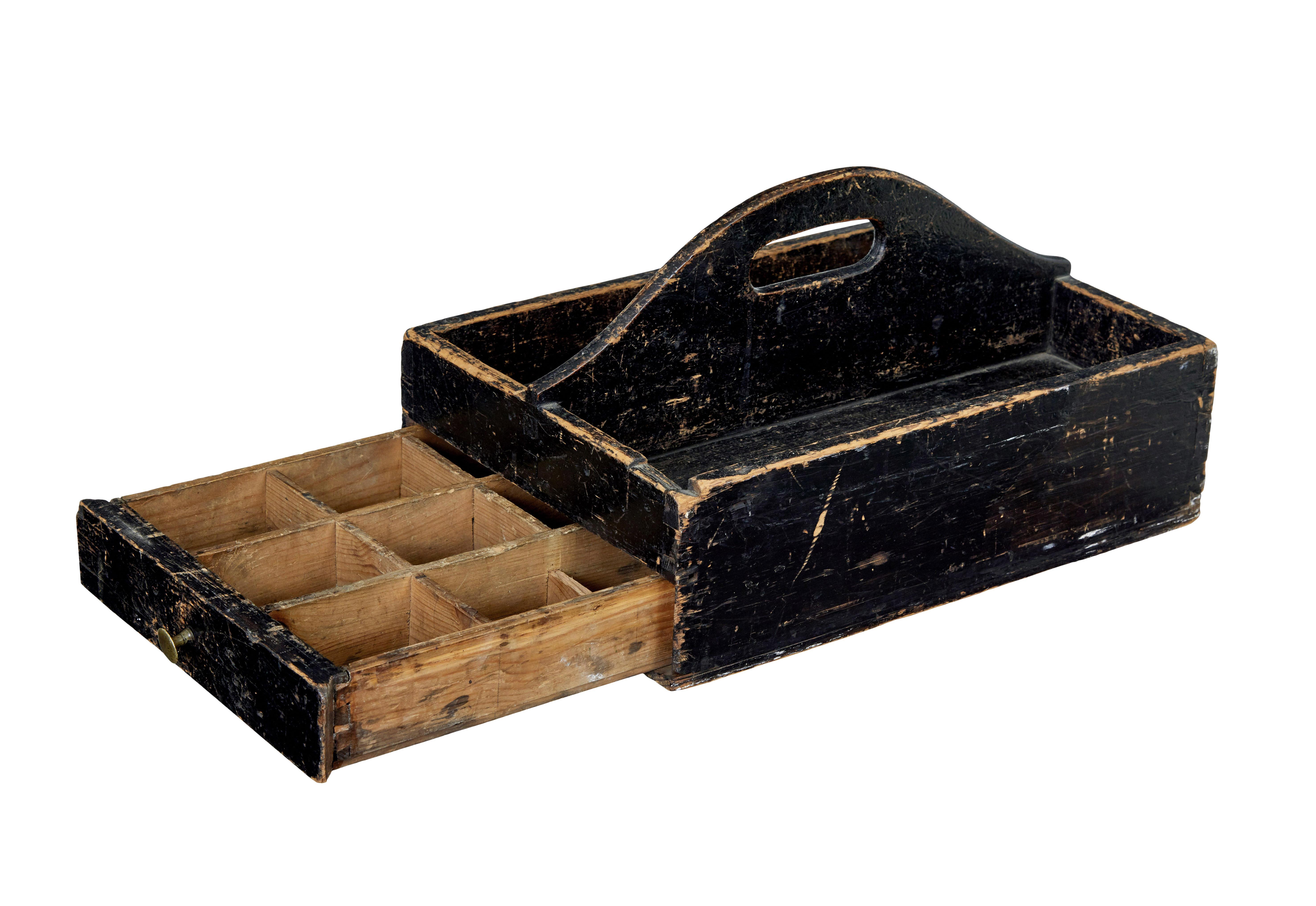 19th century Scandinavian rustic pine cutlery box circa 1880.

Good quality item which we have labelled a cutlery box, but could quite easily have been a tool box.

Shaped handle forms a partition for 2 open storage compartments on the top,