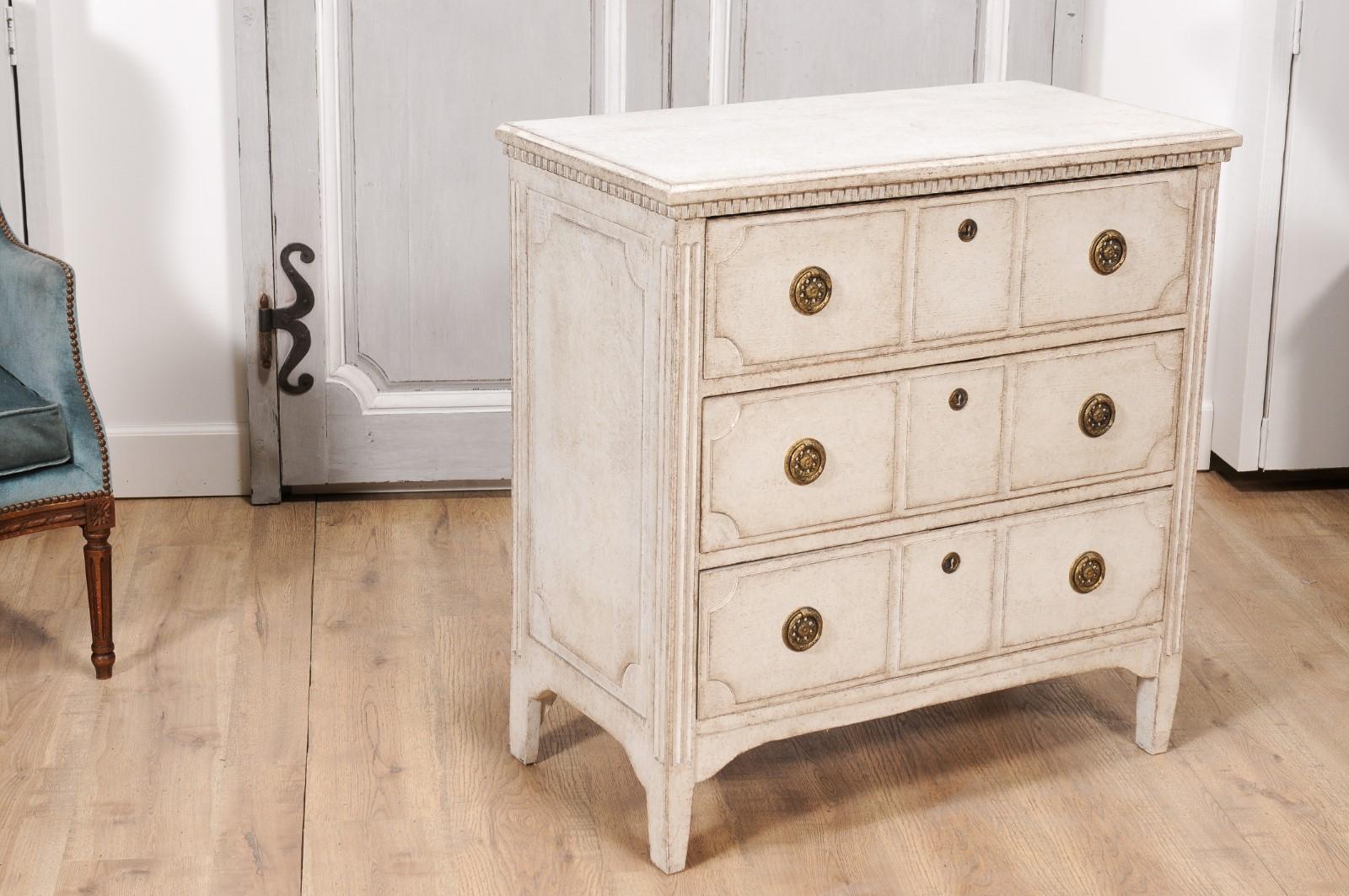 Neoclassical 19th Century Scandinavian Three-Drawer Chest with Carved Motifs For Sale